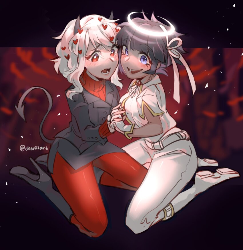 <3 2girls angel angel_girl angel_halo azazel_(helltaker) breasts cher_i cheri demon demon_girl demon_tail female_only halo heart heart-shaped_pupils helltaker modeus_(helltaker) tail white_clothing white_hair