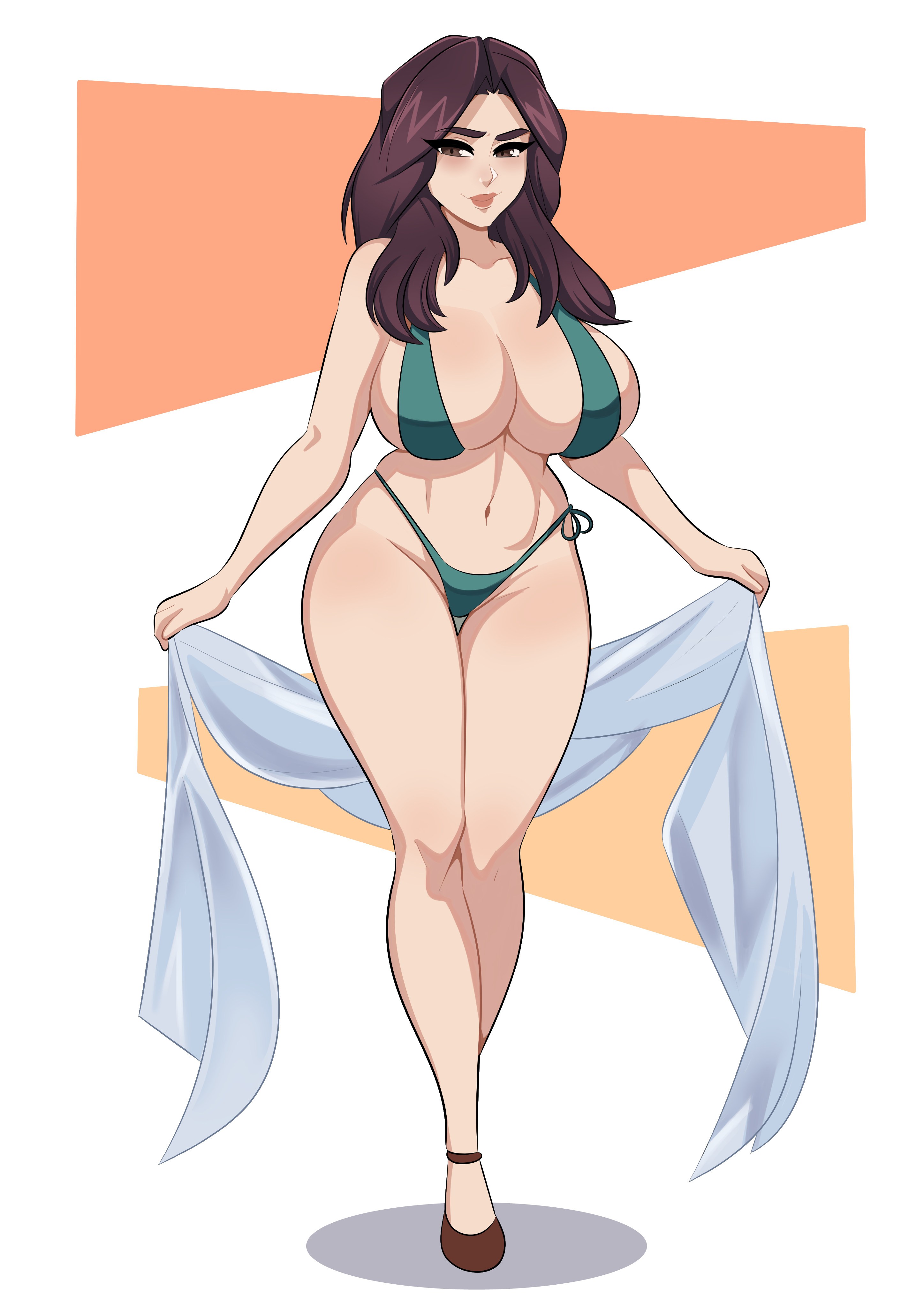 1girls, absurd res, breasts, brown eyes, brown hair, deckman, female, female only, hi res, large breasts, looking at viewer, mrdeck, original, solo, swimsuit, thighs, wide hips