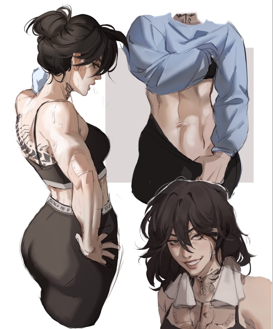 1girls, abs, ass, athletic, athletic female, black hair, bubble ass, bubble butt, female, female focus, female only, grin, kitsukkit, leggings, leggings down, lifting shirt, muscular, muscular arms, muscular female, ponytail, pulling down pants, tagme, tagme (artist), tagme (character), tattoo, tattoos, workout clothes