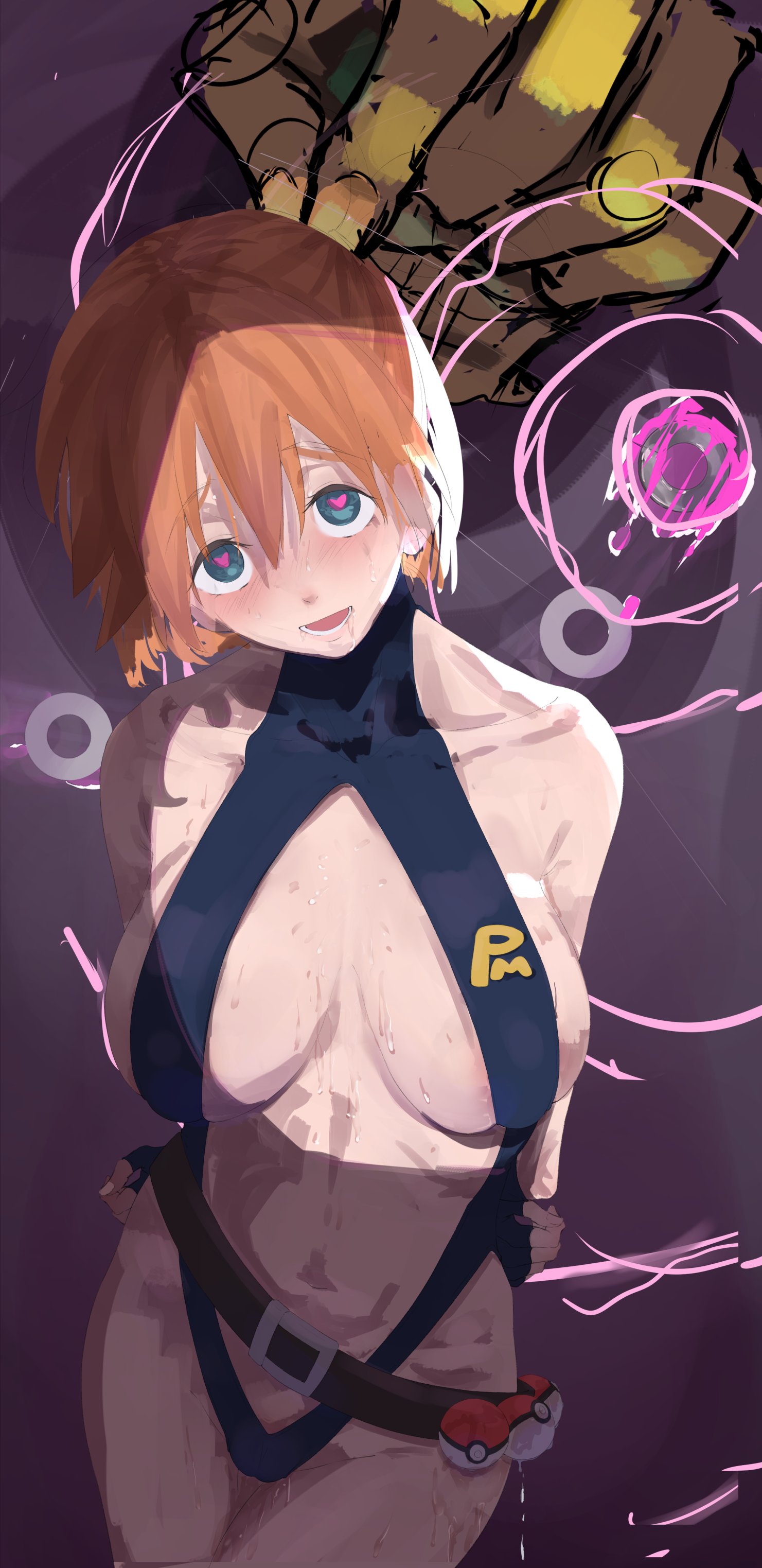 adapted costume, alternate breast size, asymmetrical hair, bare legs, breasts, cowboy shot, creatures (company), female, game freak, gen 1 pokemon, gloves, green eyes, gym leader, hair tie, heart, heart-shaped pupils, highres, huge breasts, hypno, large breasts, legs, mind control, misty (pokemon), navel, nintendo, one-piece swimsuit, open mouth, orange hair, pendulum, pokemon, pokemon (anime), pokemon (classic anime), pokemon (game), pokemon (species), pokemon rgby, ponytail, pussy, pussy juice, short hair, side ponytail, simple background, smile, sweatdrop, swimsuit, symbol-shaped pupils, the electric tale of pikachu, thick thighs, thighs, wet, wide hips