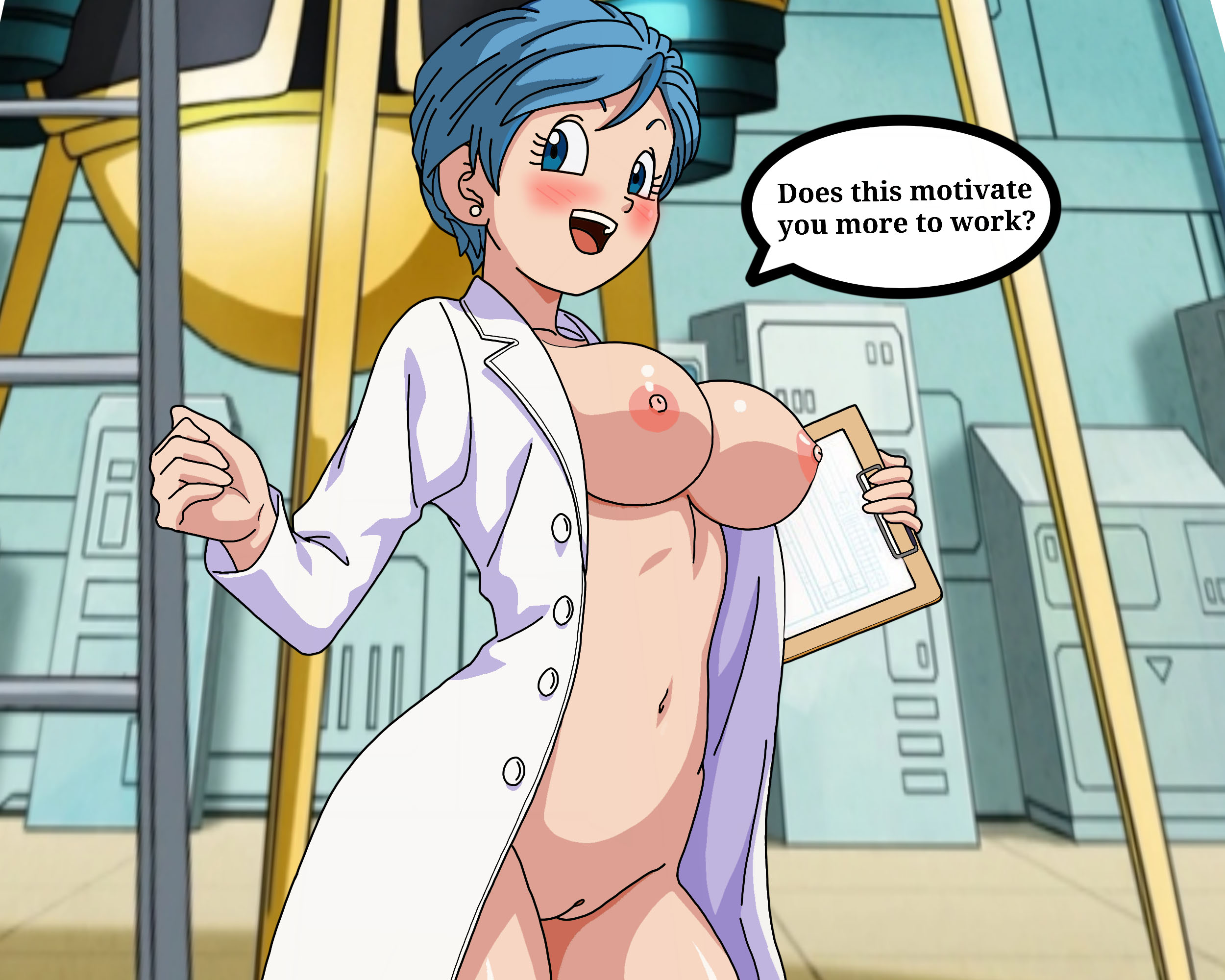 1girls, blue hair, breasts, breasts out, bulma, bulma (dragon ball), bulma briefs, clipboard, dragon ball, dragon ball super, dragon ball z, female, functionally nude, innerfiire, labcoat, open clothes, pussy, short hair, speech bubble