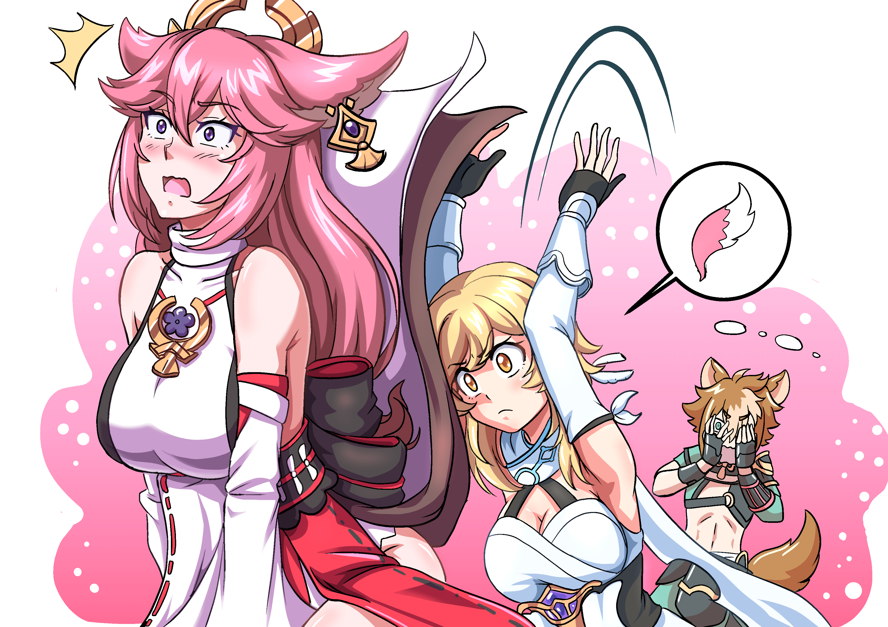 1boy, 2girls, being undressed, being watched, big breasts, blonde hair, blush, breasts, busty, checking under clothes, clothes lift, covering eyes, curious, dog boy, dog ears, dog tail, embarrassed, female, female focus, fox ears, fox girl, funny, genshin impact, gorou (genshin impact), kitsune, lifting clothing, lifting skirt, long hair, looking at ass, lumine (genshin impact), male, pink hair, skirt lift, surprised, tail, yae miko, yuri