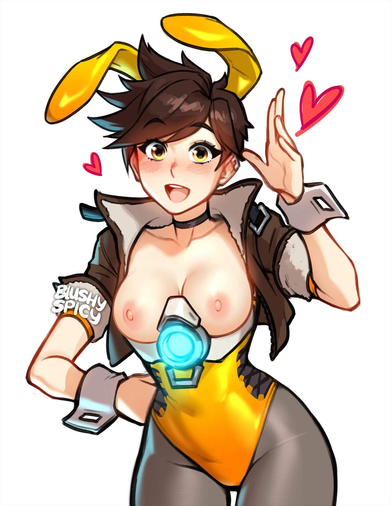 1girls, areolae, big breasts, blush, blushing, blushypixy, blushyspicy, breasts, brown hair, bunny ears, bunnysuit, busty, clothing, curvaceous, curvy, curvy figure, earrings, eyelashes, female, female human, female only, hearts, hips, hourglass figure, human, jacket, large breasts, light skin, light-skinned female, looking at viewer, nipples, overwatch, pantyhose, short hair, simple background, smile, solo, thighs, topless, topless female, tracer, voluptuous, white background, wide hips, yellow eyes