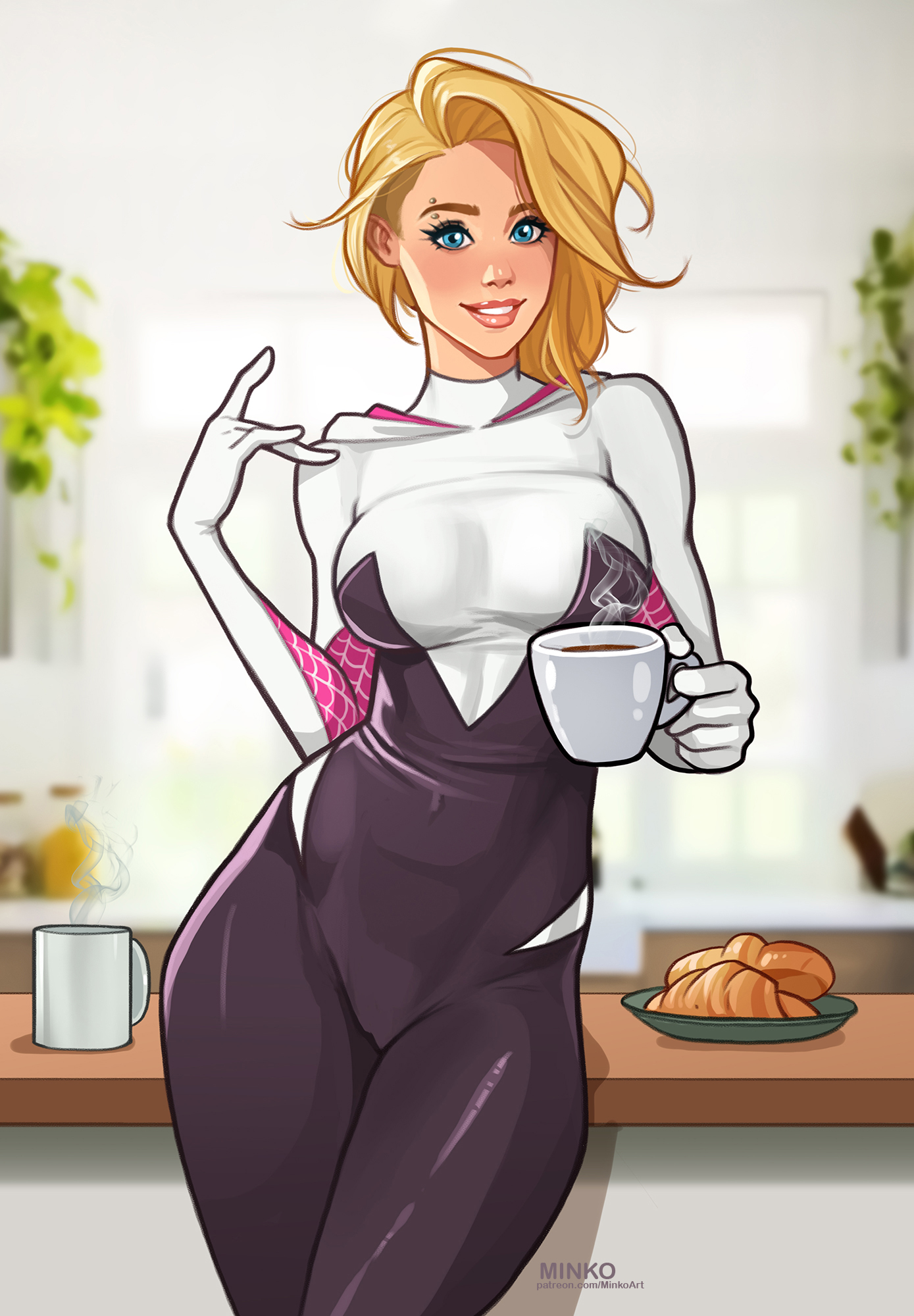 1girls, ass, athletic, athletic female, big ass, big breasts, blonde female, blonde hair, blue eyes, bottom heavy, breasts, bust, busty, chest, cleavage, curvaceous, curvy, curvy figure, cute, cute face, digital media (artwork), eyebrow piercing, eyebrows, eyelashes, eyes, female, female focus, fit, fit female, ghost-spider, gwen stacy, hair, hero, heroine, hips, hourglass figure, huge breasts, human, large breasts, legs, light skin, light-skinned female, lips, marvel, marvel comics, minko, olena minko, short hair, slim, slim waist, spider-gwen, spider-man (series), spider-man: across the spider-verse, spider-man: into the spider-verse, superhero, superheroine, thick, thick legs, thick thighs, thighs, top heavy, top heavy breasts, upper body, voluptuous, voluptuous female, waist, wide hips