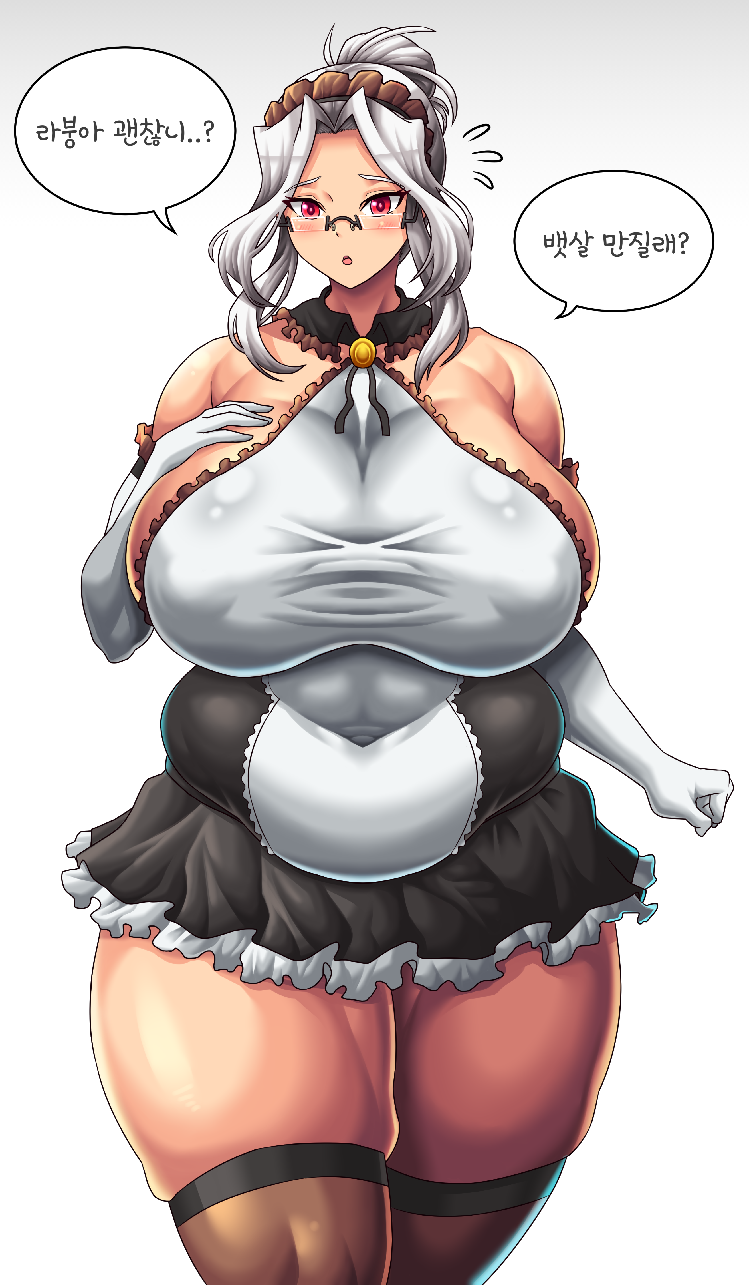 1girls, armwear, big breasts, blush, breasts, clothing, elbow gloves, eyewear, female, female only, glasses, hair, huge breasts, korean text, labiata prototype (last origin), large breasts, last origin, legwear, maid, maid headdress, maid uniform, mature, mature female, milf, plump, red eyes, skirt, solo, solo female, speech bubble, text, thick thighs, thighhighs, thighs, toothbrushking, translation request, voluptuous, white gloves, white hair