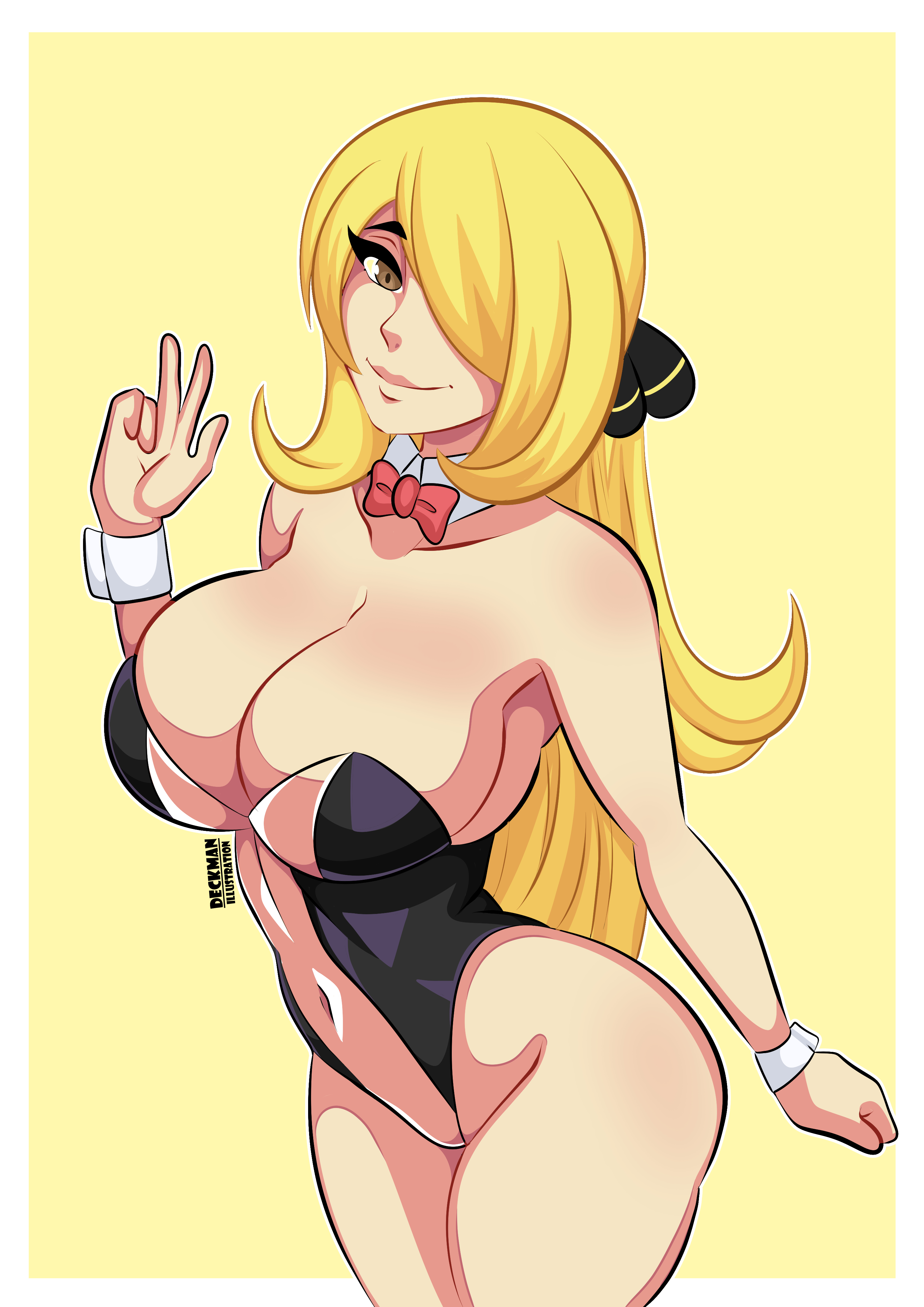 1girls, alternate costume, alternate eye color, blonde hair, breasts, cynthia (pokemon), deckman, female, female only, hair over one eye, large breasts, leotard, looking at viewer, mrdeck, nintendo, pokemon, pokemon dppt, solo, thighs, white border, wide hips, yellow background, yellow eyes, yellow theme