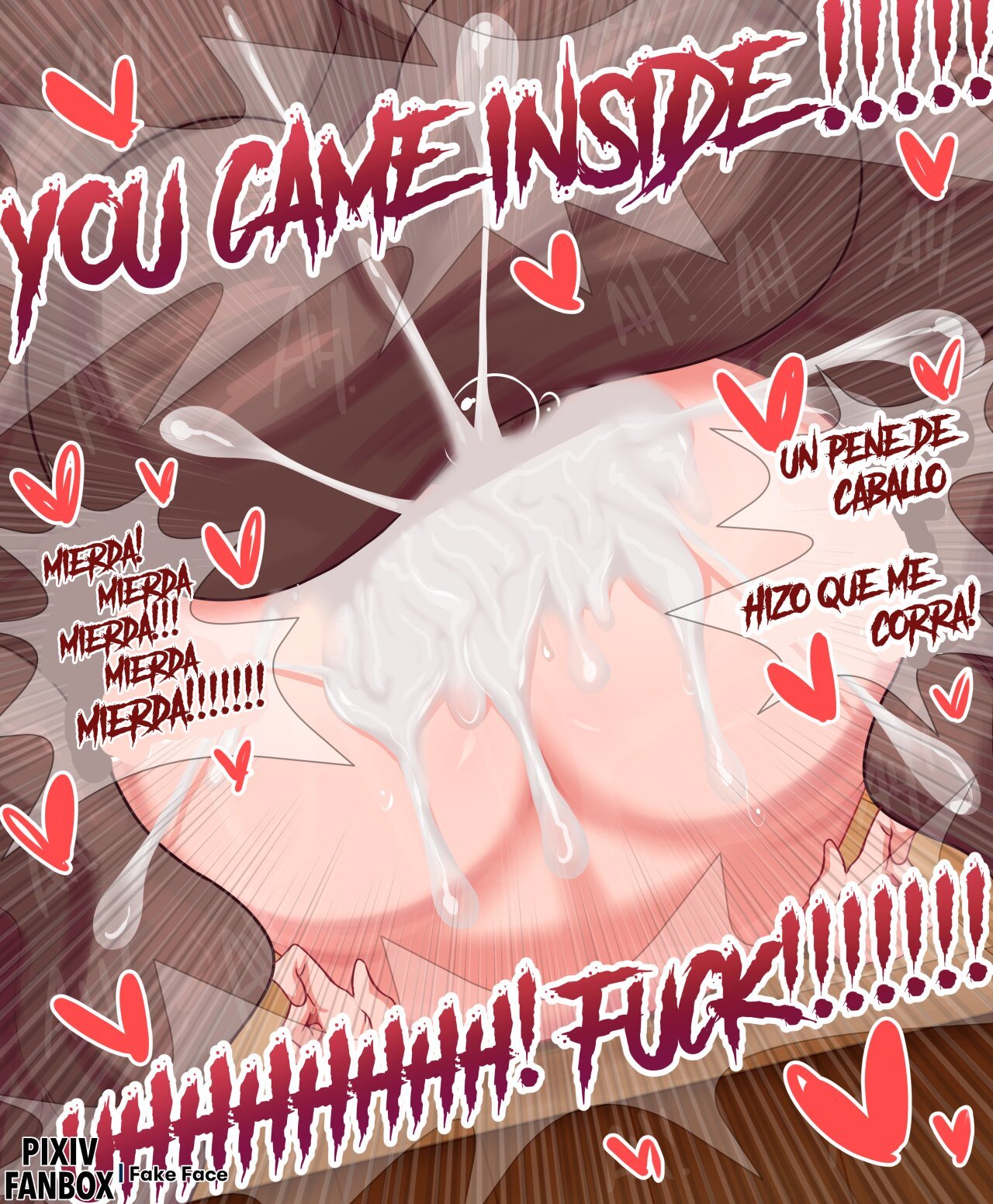 ass, fake face, female, horse, horsecock, hyper penis, male, mei (overwatch), overwatch, penis, spanish dialogue, spanish text