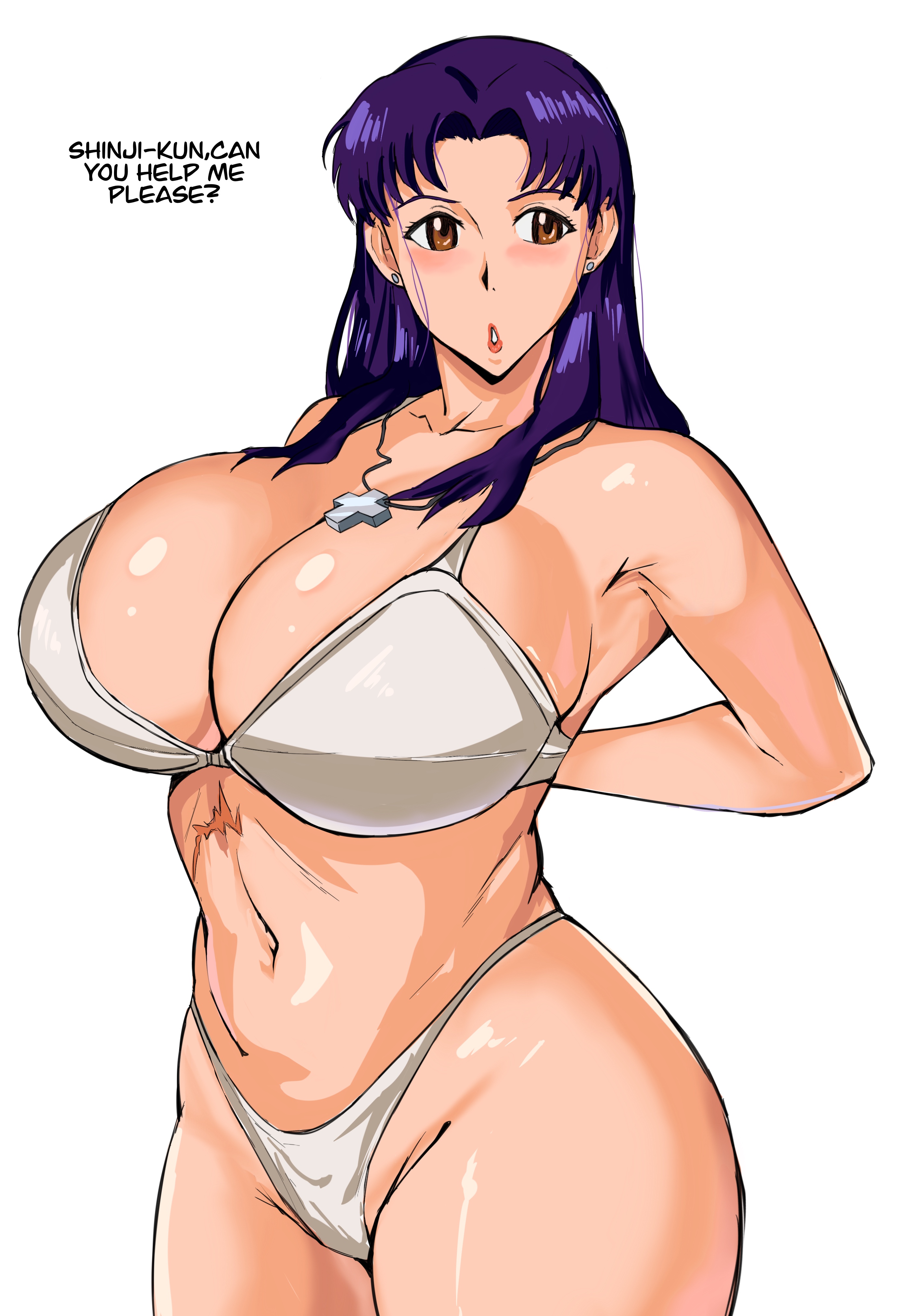 1girls, big breasts, blush, bottomwear, bra, breasts, brown eyes, cleavage, english, english text, female, female focus, female only, hair, huge breasts, human, large breasts, light skin, light-skinned female, long hair, mature, mature female, misato katsuragi, necklace, neckwear, neon genesis evangelion, panarandom, panties, purple hair, scar, scar on stomach, talking to another, talking to offscreen, text, topwear, white bra, white panties