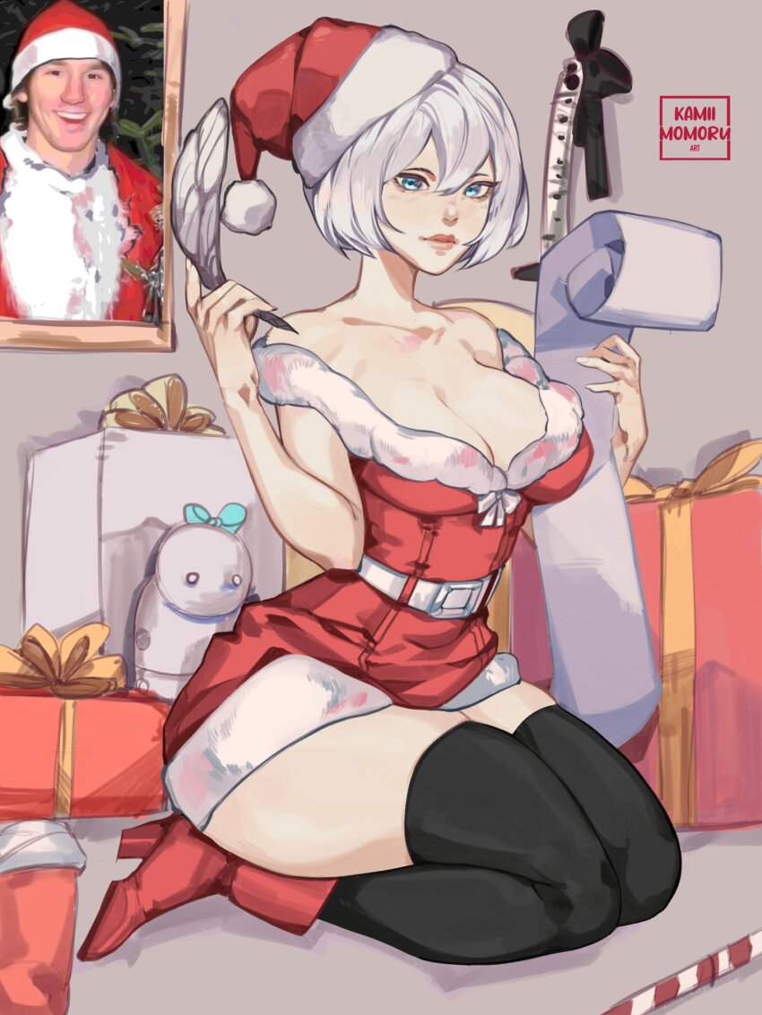 7artist_name argentina bare_shoulders belt black_thighhighs blue_eyes bob_cut boots box breasts christmas cleavage collarbone dress female fifa football football_player fur-trimmed_dress fur_trim gift hair_between_eyes hat highres holding holding_quill holding_scroll indoors kamii_momoru kneeling lionel_messi medium_breasts meme nier nier:_automata nier_(series) off-shoulder_dress off_shoulder picture_frame quill red_dress red_footwear santa_costume santa_hat scroll short_dress short_hair skindentation soccer soccer_player solo thighhighs white_belt white_hair yorha_2b