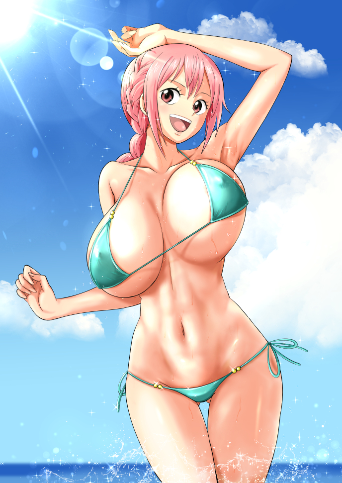 1girls, armpits, arms up, belly button, big breasts, bikini, blue sky, bouncing breasts, breasts, cleavage, female, female only, fit, hourglass figure, huge breasts, long hair, looking at viewer, minpei ichigo, nipple bulge, one piece, open mouth, pink hair, pink-haired female, rebecca (one piece), revealing clothes, slim waist, solo, teenager, wide hips
