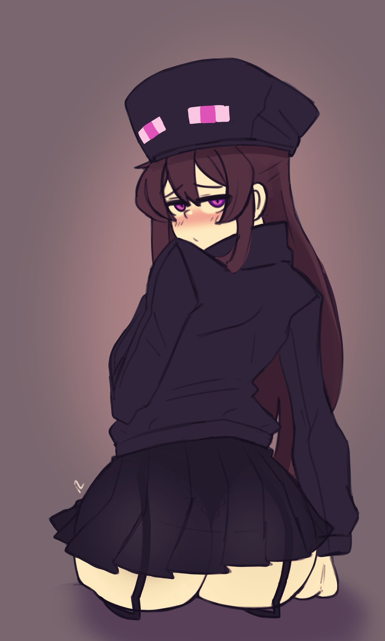 1girls ander andr black_jacket blush blushing brown_hair docecaedrus enderman enderwoman female female_only garter_belt hat jacket light-skinned_female light_skin long_hair microskirt minecraft miniskirt mob_talker personification purple_eyes see-through_skirt tagme