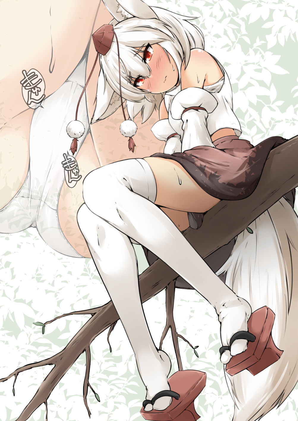 1girls 2023 animal_ears blush detached_sleeves embarrassed geta hands_between_legs hat have_to_pee mepikari momiji_inubashiri multiple_angles panties red_eyes sandals short_hair sitting skirt sweat tagme tail tengu-geta thighhighs thighs touhou tree upskirt white_hair white_panties wolf_ears wolf_girl wolf_tail