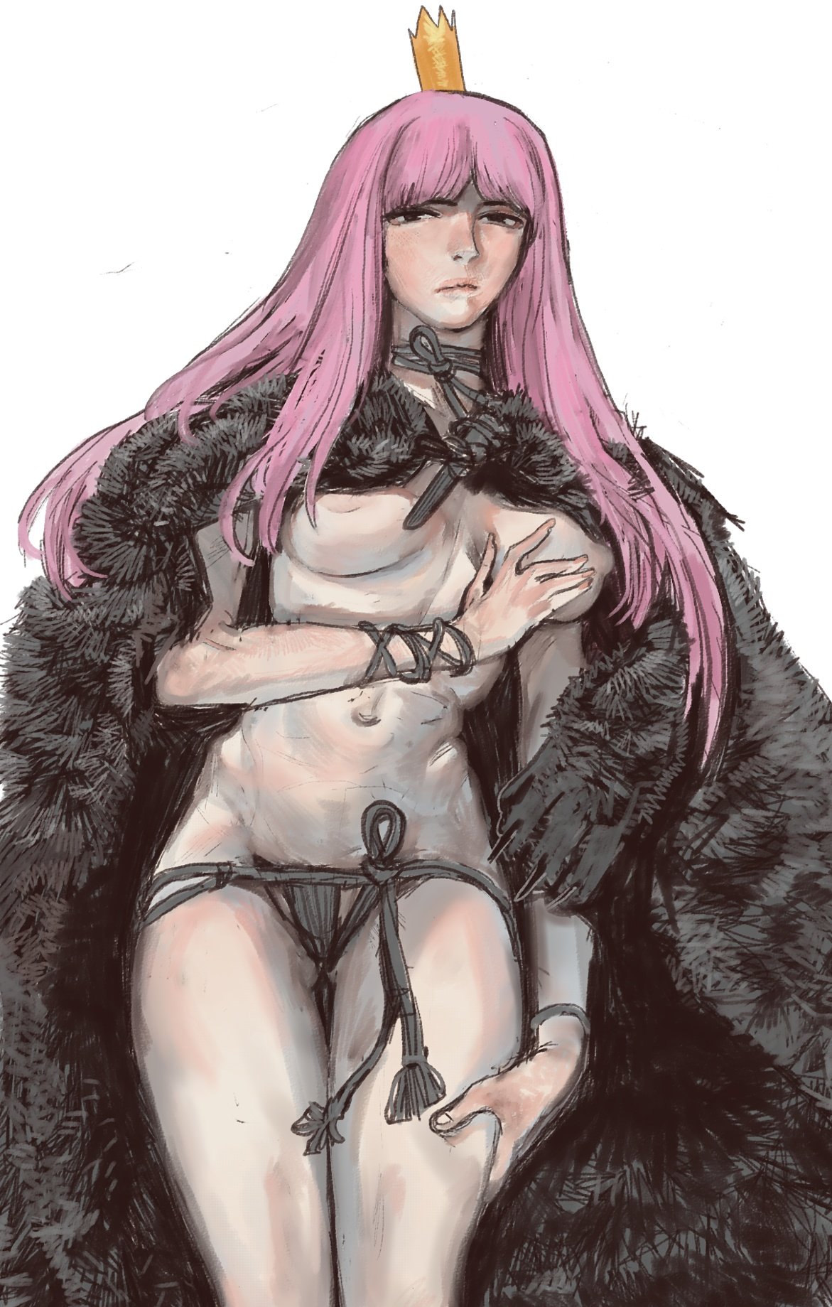 1girls animal_hands areola_slip bear_paws bear_pelt black_eyes breasts cape commission crown exposed exposed_breasts exposed_nipples female female_only fur_cape hand_on_own_chest hand_on_own_thigh highres large_breasts light_frown long_hair long_pink_hair looking_at_viewer medium_breasts mini_crown mossa original pelt pink_hair solo solo_female standing straight_hair tagme topless underboob white_background wrist_straps