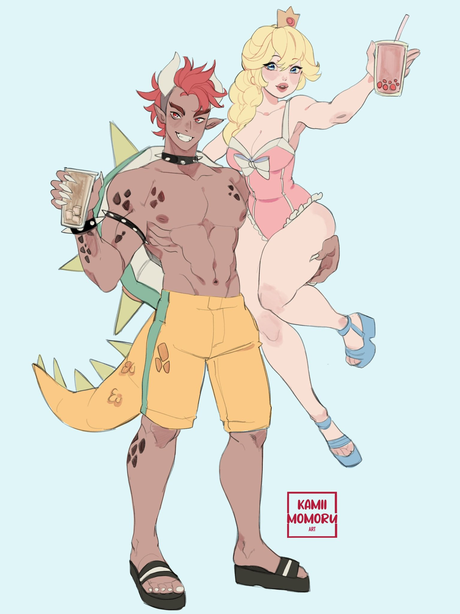 1boy, 1girls, armlet, bare arms, bare shoulders, black footwear, blonde hair, blue background, blue eyes, blue footwear, blush, body markings, bowser, braid, breasts, bubble tea, claws, cleavage, collar, crown, cup, dragon tail, earrings, female, fingernails, full body, grin, hair between eyes, hair over shoulder, highres, holding, holding cup, horns, human, humanoid, jewelry, kamii momoru, light skin, light-skinned male, long hair, male, male/female, mario (series), medium breasts, mini crown, muscular, muscular male, navel, nintendo, nipples, one-piece swimsuit, pale skin, parted lips, personification, pink one-piece swimsuit, pointy ears, princess peach, red eyes, red hair, sandals, scales, sharp fingernails, shell, shorts, sidelocks, smile, spiked armlet, spiked collar, spikes, swimsuit, tail, tan, teeth, thick eyebrows, thighs, topless male, wedge heels, yellow shorts