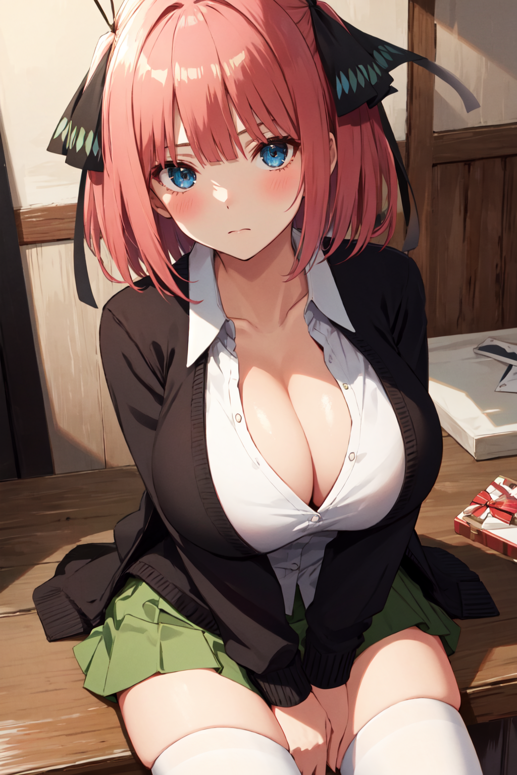 1girls, ai generated, blue eyes, blush, breasts, cleavage, female, go-toubun no hanayome, huge breasts, large breasts, looking at viewer, nakano nino, pink hair, school uniform, schoolgirl, short skirt, skirt, stable diffusion, thick thighs