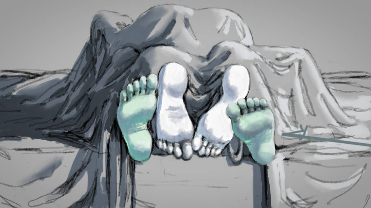2girls, barefoot, batman (series), dc, dc comics, feet, female, female only, foot fetish, foot focus, green skin, harley quinn, implied sex, in bed, pamela isley, pistaccio, poison ivy, soles, toes, white skin, yuri
