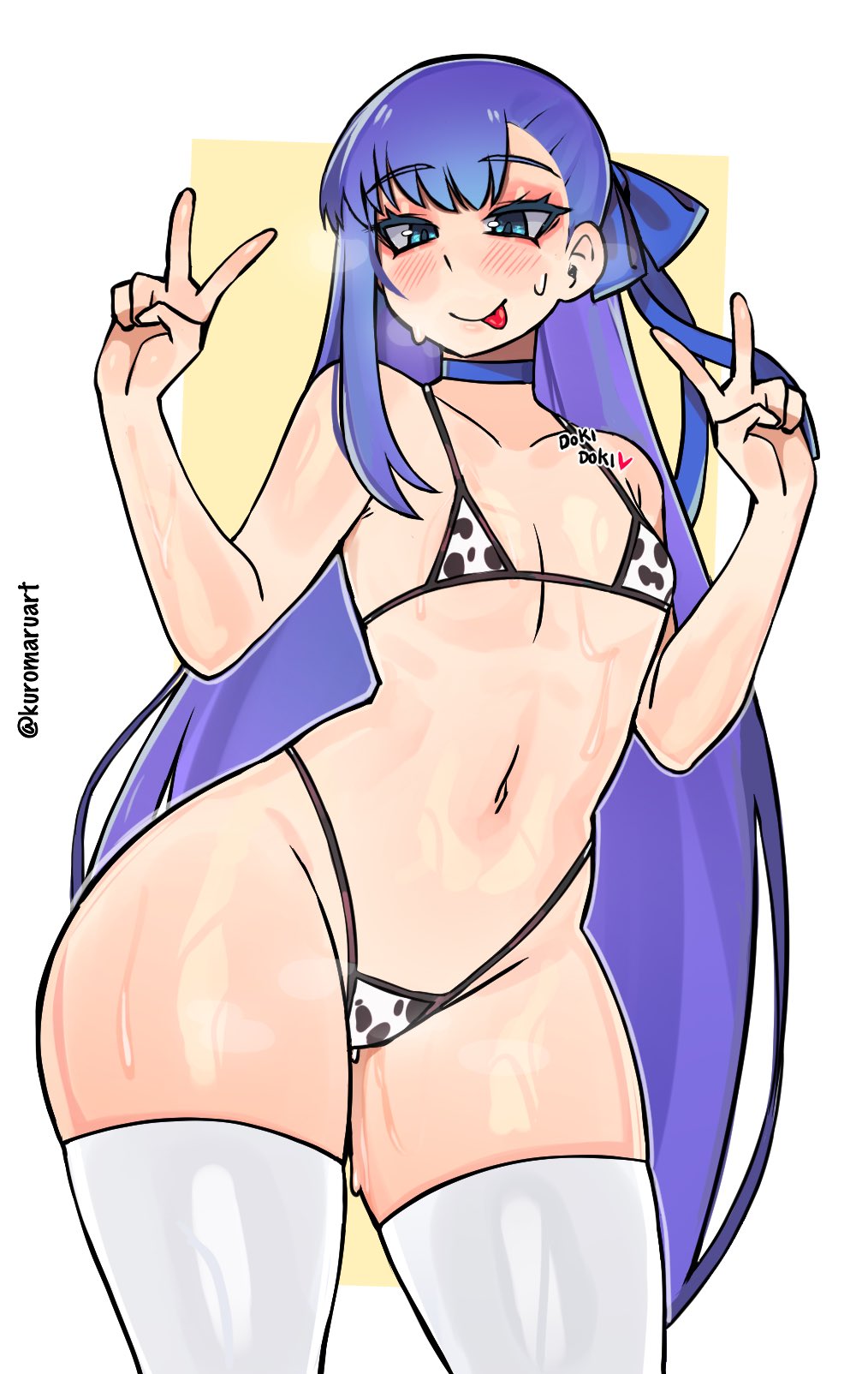 :p bikini blush cow_print cow_print_bikini double_v fate/grand_order fate_(series) female kuromaruart meltryllis micro_bikini navel peace_sign small_breasts tagme thighhighs v white_thighhighs