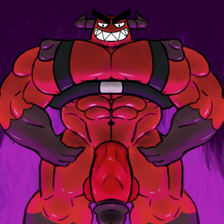 abs belt big_breasts breasts colored_fire demon demon_(rat_snacks) fire genitals glistening glistening_body horn huge_breasts low-angle_view male muscular muscular_male nipples nude pecs penis purple_fire racingtime244 rat_snacks red_body simple_face smile solo vein veiny_penis