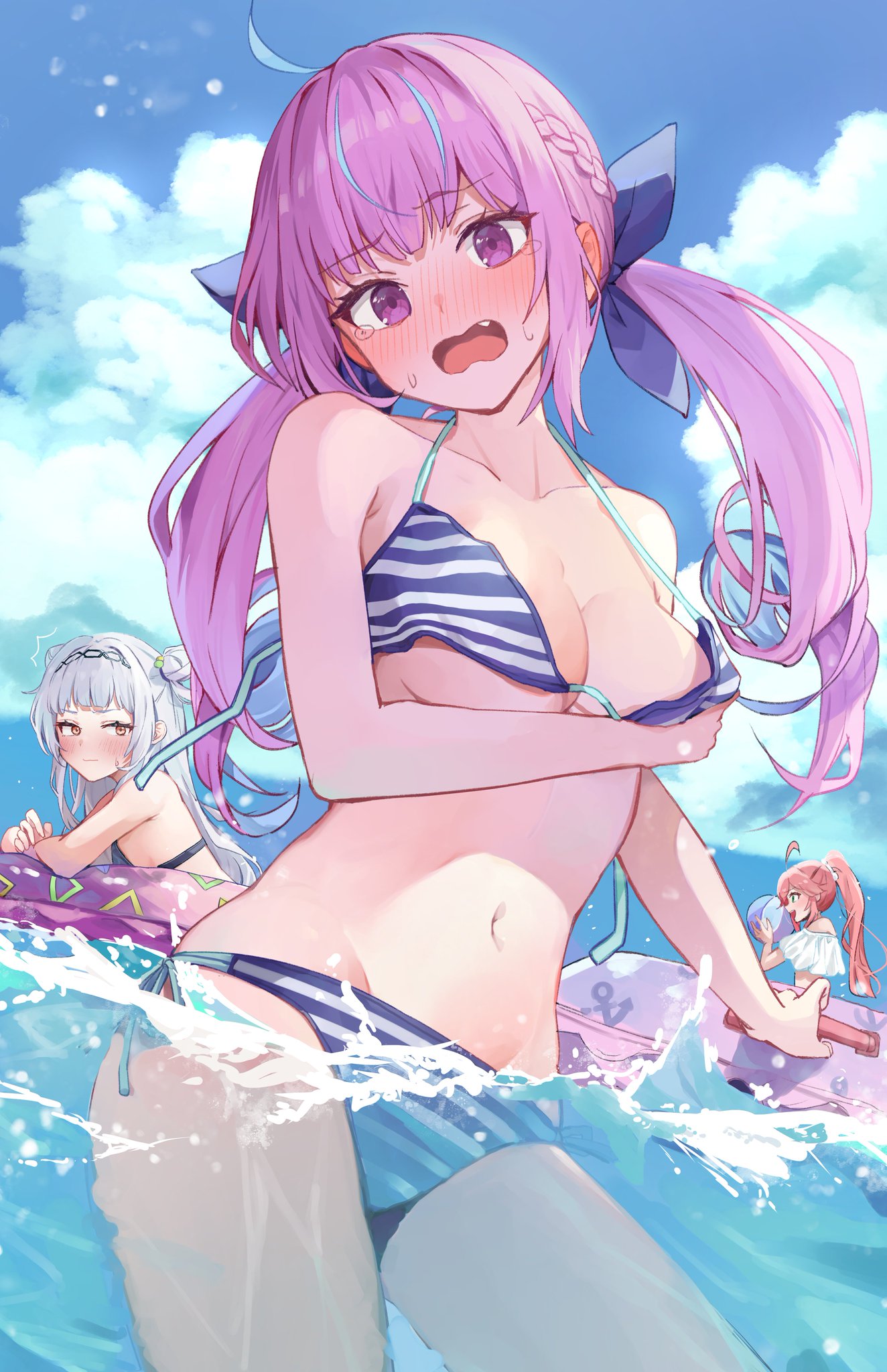 3girls beach_ball bikini bikini_top_undone embarrassed female female_only floatie hololive hololive_gen_0 hololive_gen_2 hololive_japan large_breasts minato_aqua murasaki_shion partially_submerged racchi sakura_miko sweatdrop virtual_youtuber wardrobe_malfunction wavy_mouth