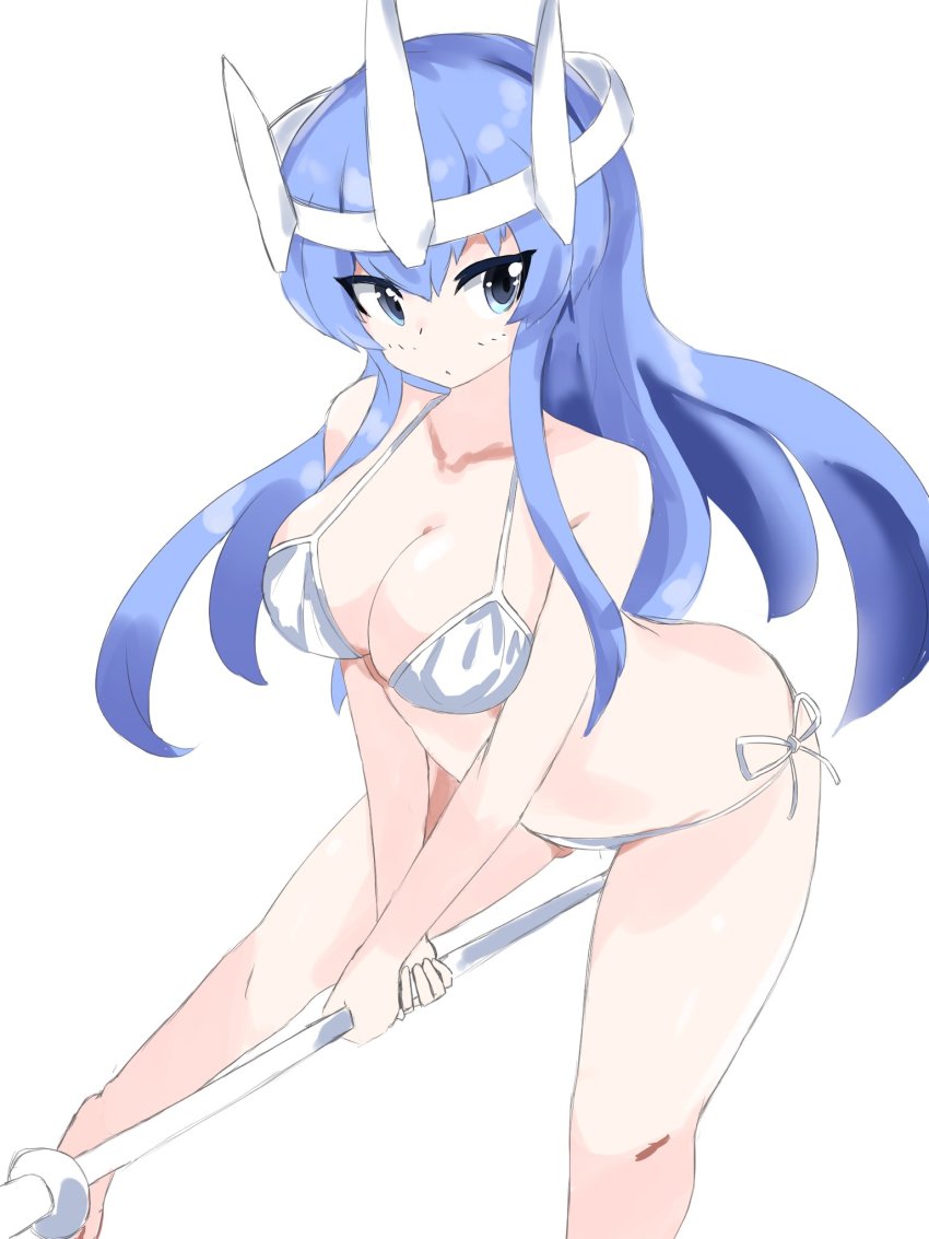 1girls bikini blue_eyes blue_hair blush crown female grabbing_pole headmistress_jeanne large_breasts long_hair looking_away_from_viewer looking_left pole_between_legs shoulders staff the_battle_cats thick_thighs white_bikini