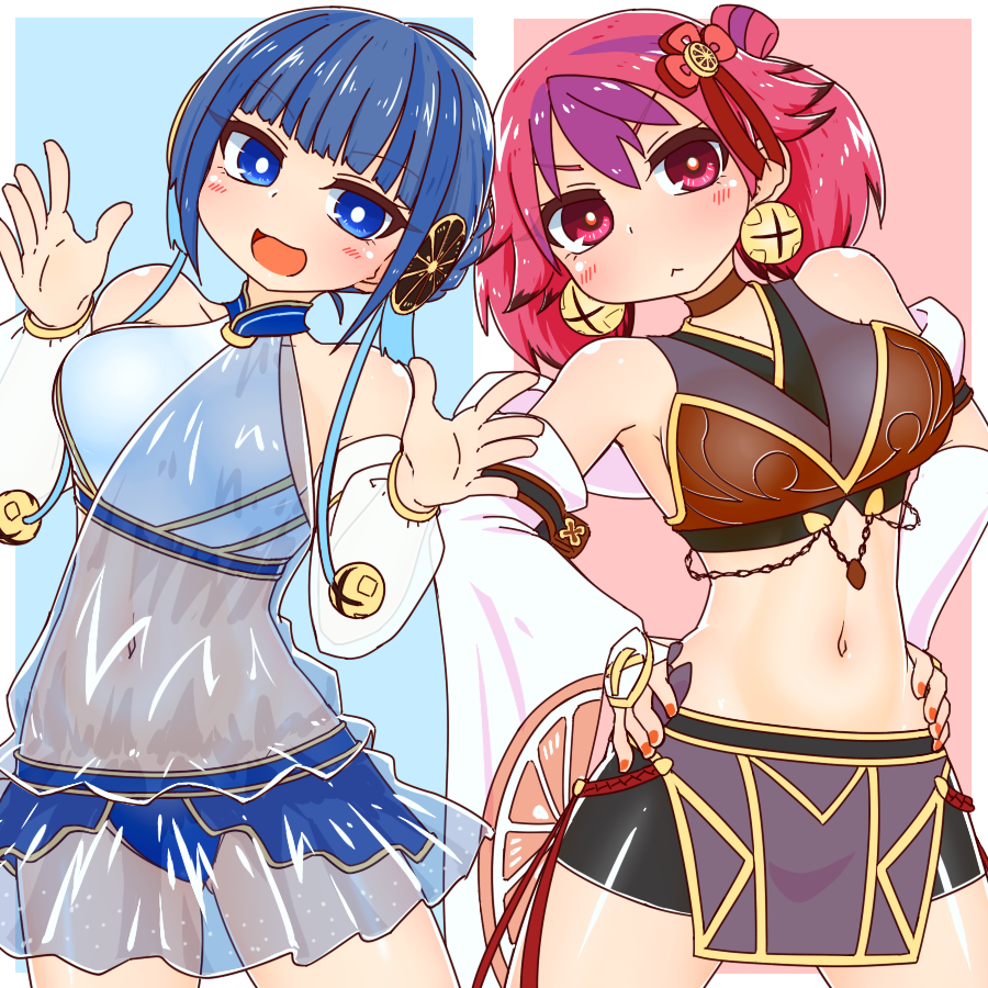 2girls ass blue_hair breasts duel_monster female ha-re_the_sword_mikanko japanese_clothes japanese_mythology miko ni-ni_the_mirror_mikanko nini_the_mirror_mikanko red_hair translucent_clothing yu-gi-oh!