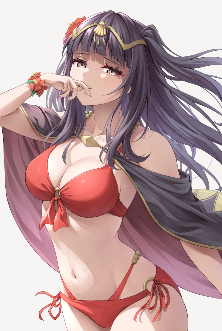 1girls alternate_costume bikini black_hair blunt_bangs breasts cape female female_only fire_emblem fire_emblem_awakening fire_emblem_heroes floating_hair flower flower_bracelet hair_flower hair_ornament large_breasts long_black_hair long_hair navel nintendo official_alternate_costume parted_lips pink_nails red_bikini red_flower red_swimsuit simple_background solo stomach swimsuit ten_(tenchan_man) tharja_(fire_emblem) tharja_(summer)_(fire_emblem) tiara two-sided_cape two-sided_fabric white_background yellow_eyes