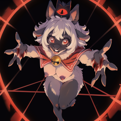 ai generated, anthro, blood, breasts, cult of the lamb, female, female only, fur, furry, kesura art, lamb (cult of the lamb), nude, nude female, red crown (cult of the lamb), sheep, sheep girl, solo, solo female, tagme