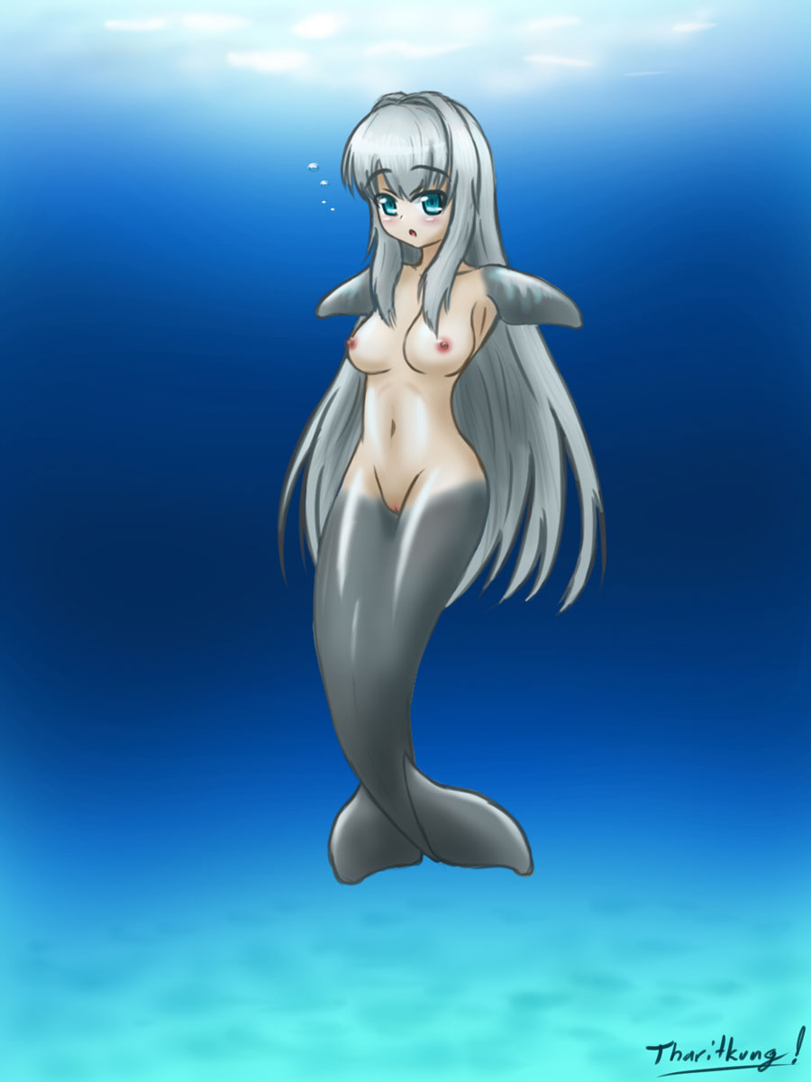 animal_humanoid anthro big_breasts blue_eyes blush breasts bubble cetacean dolphin dolphin_tail female fin_hands flipper_hands genitals glistening glistening_body grey_body grey_hair hair hi_res humanoid long_hair mammal marine marine_humanoid merfolk mikeysk navel ocean_floor pussy smooth_skin solo split_form toothed_whale underwater water