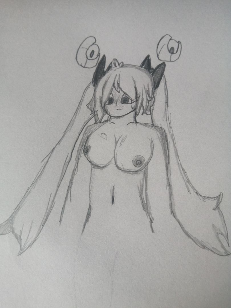 1girls belly blush colorless erect_nipples extremely_long_hair female hair_ornament kalisa_(battle_cats) large_breasts looking_down nude_female shoulders simple_drawing sketch smiling sweat the_battle_cats twintails waist_up