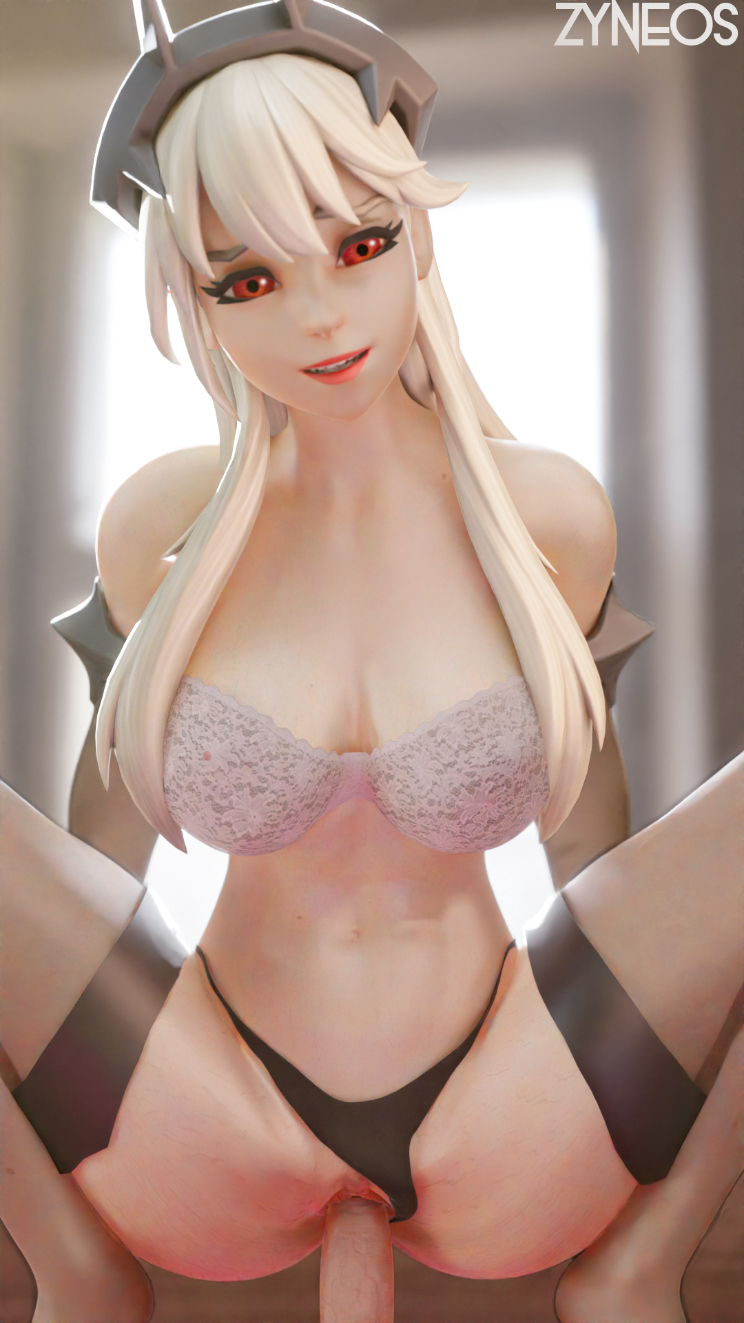 1boy, 1girls, 3d, 3d (artwork), arms, artist name, ass, bare shoulders, barefoot, belly, belly button, boobs, breasts, clothing, covered breasts, covered nipples, crouching, detached sleeves, dick, digital media (artwork), erect penis, erection, facing viewer, female, female focus, fortnite, front view, hands behind head, headband, hips, image, kneesocks, legs, legs apart, lexa (fortnite), light skin, light-skinned female, long hair, looking at viewer, male, mostly nude, mouth open, naked, naked female, navel, nude, nude female, open eyes, panties, partially clothed, penetration, penis, princess lexa (fortnite), pulled panties, pussy, red eyes, red lipstick, riding, riding penis, sex, shaved pussy, shoulders, stockings, stomach, teeth showing, thighs, tits, vagina, vaginal, vaginal penetration, veiny penis, waist, white bra, white hair, zyneos