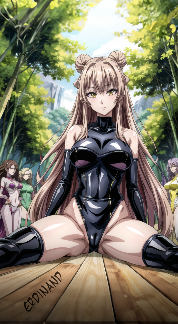 1girls bamboo_forest blonde_hair breasts cameltoe clothed erdinand female hair_bun latex latex_gloves latex_suit long_hair looking_at_viewer medium_breasts oc original original_character people_in_background petite pink_hair skinny slim split_form spread_legs yellow_eyes