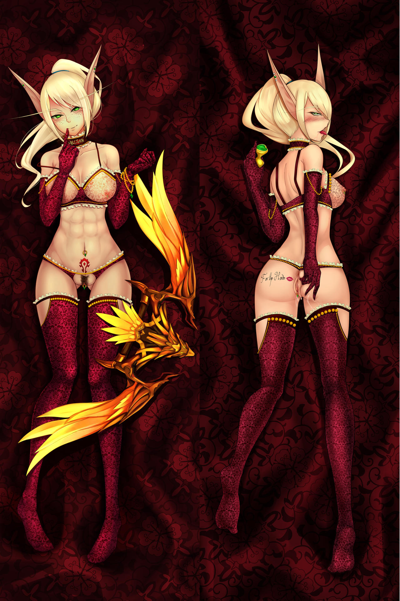 1girls anus athletic_female blizzard_entertainment blonde_hair blood_elf blush body_writing buttplug choker clitoris_piercing crotchless_panties dakimakura detached_sleeves genital_piercing green_eyes horde_symbol horde_tattoo light-skinned_female light_skin lingerie nipple_piercings original_character piercing piercings ponytail pubic_hair pubic_tattoo pussy rebyo solo stockings tattoo thighhighs vylina warcraft world_of_warcraft