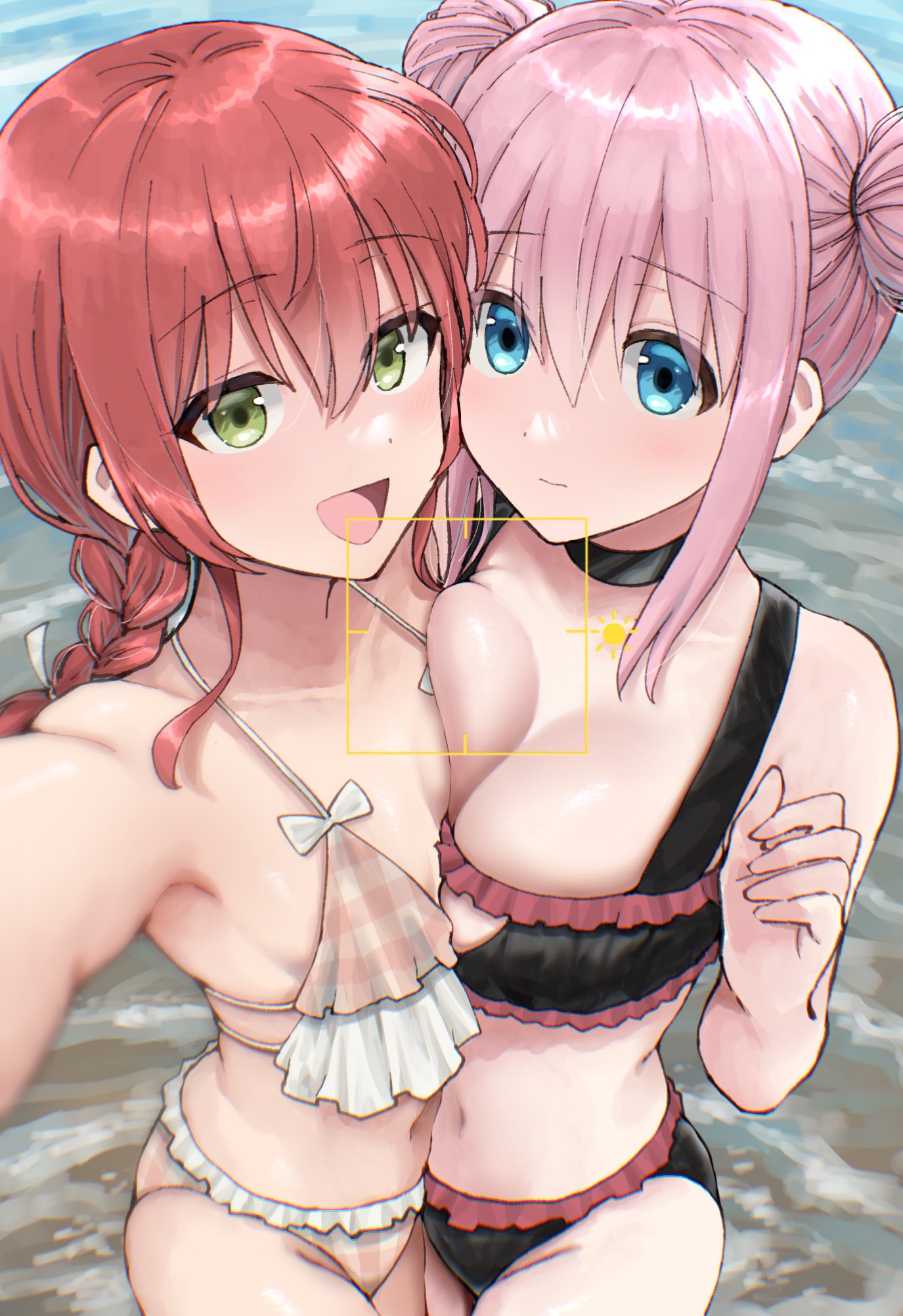 2girls asymmetrical_docking beach blue_eyes blush bocchi_the_rock! breast_press breast_squish breasts busty camera_view choker double_bun female female_only gotou_hitori green_eyes hair_bun kita_ikuyo large_breasts looking_at_viewer official_alternate_hairstyle pink_hair red_hair selfie small_breasts smile taking_picture tsukumo_momo viewfinder yuri