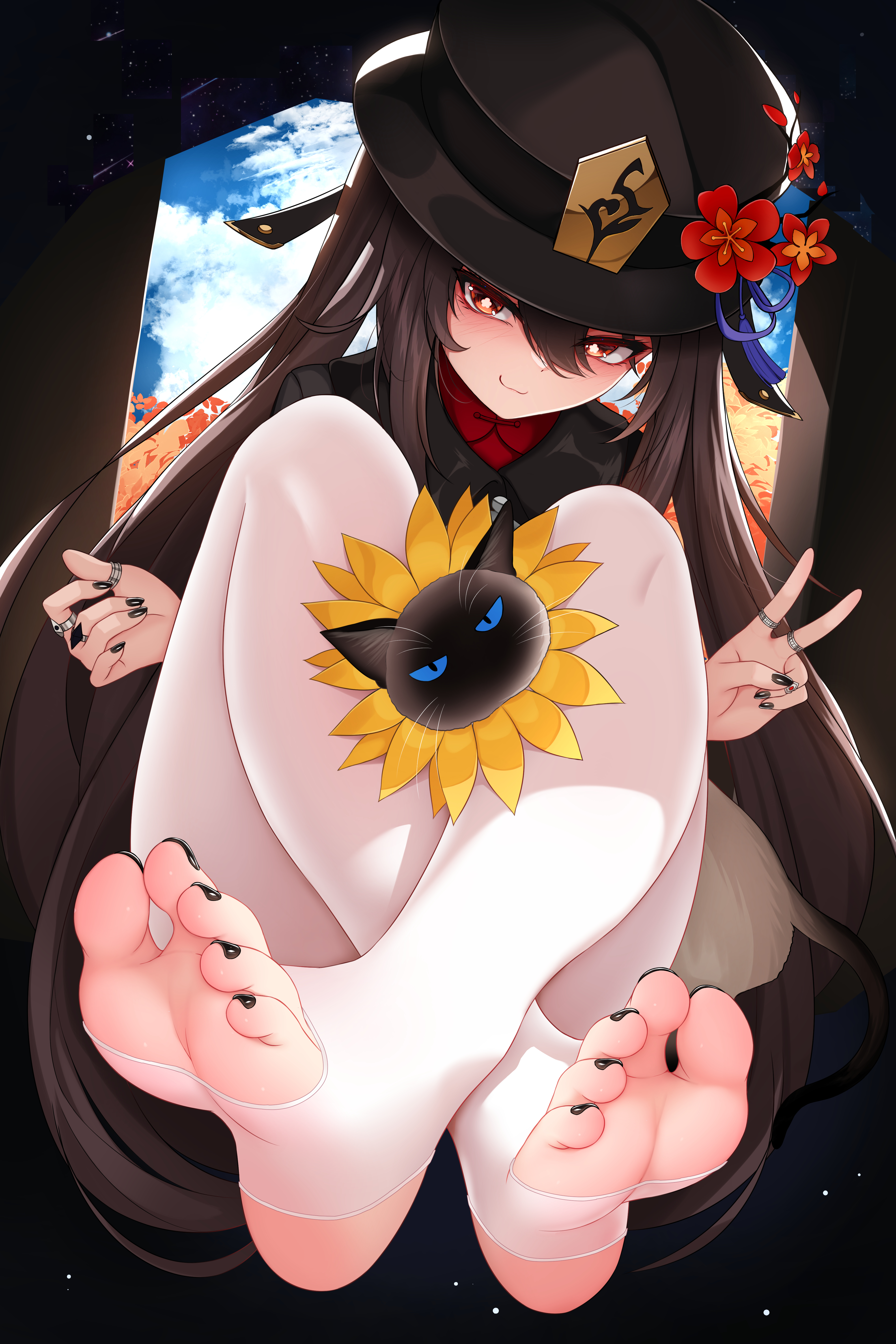 black hair, black toenails, damao yu, feet, female, foot fetish, foot focus, genshin impact, greek toe, hu tao (genshin impact), peace sign, stirrup legwear, sunflower, white legwear