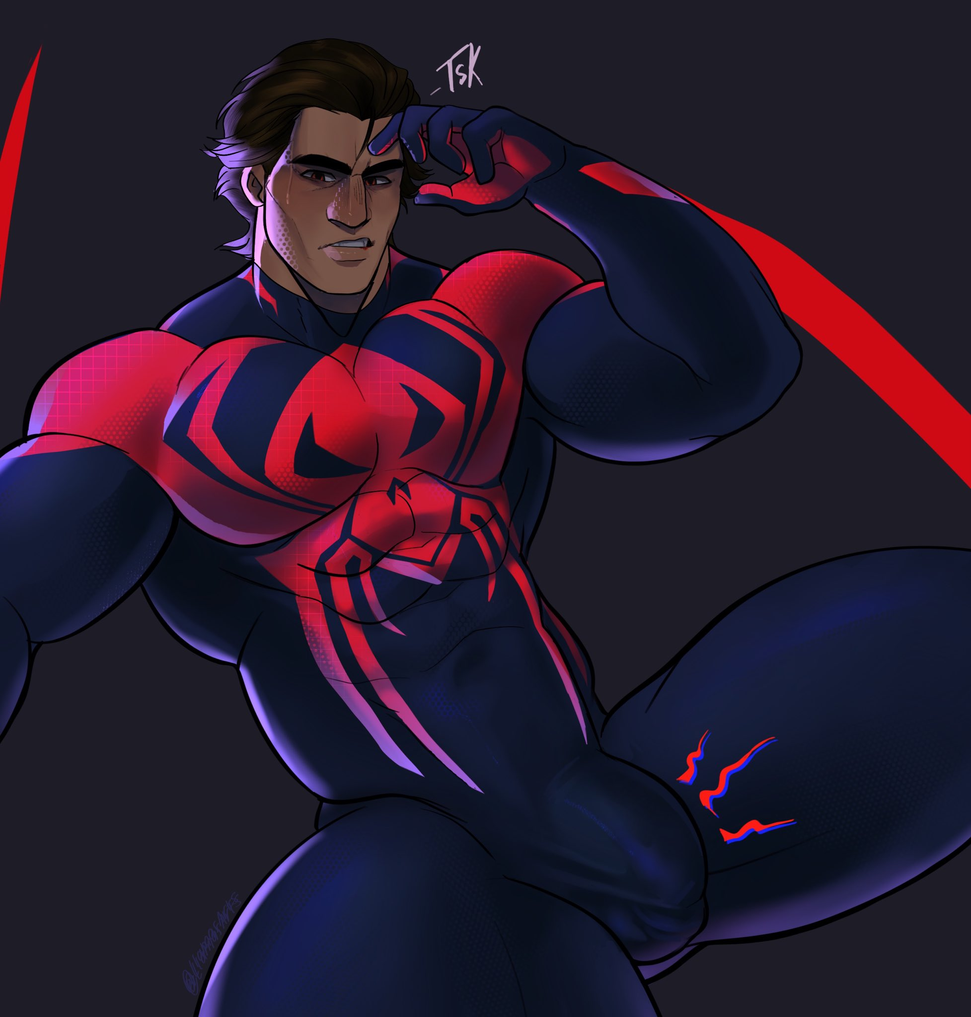 1boy, 2023, bara, big bulge, blush, bulge, daddy, dark skin, dark-skinned male, flaccid, gay, hi res, highres, hispanic, hispanic male, huge bulge, llamasart, looking at viewer, male, male focus, male only, marvel, marvel comics, masculine male, miguel o'hara, muscles, muscular, muscular male, penis, penis outline, solo, solo male, spider-man, spider-man (series), spider-man 2099, spider-man: across the spider-verse, yaoi
