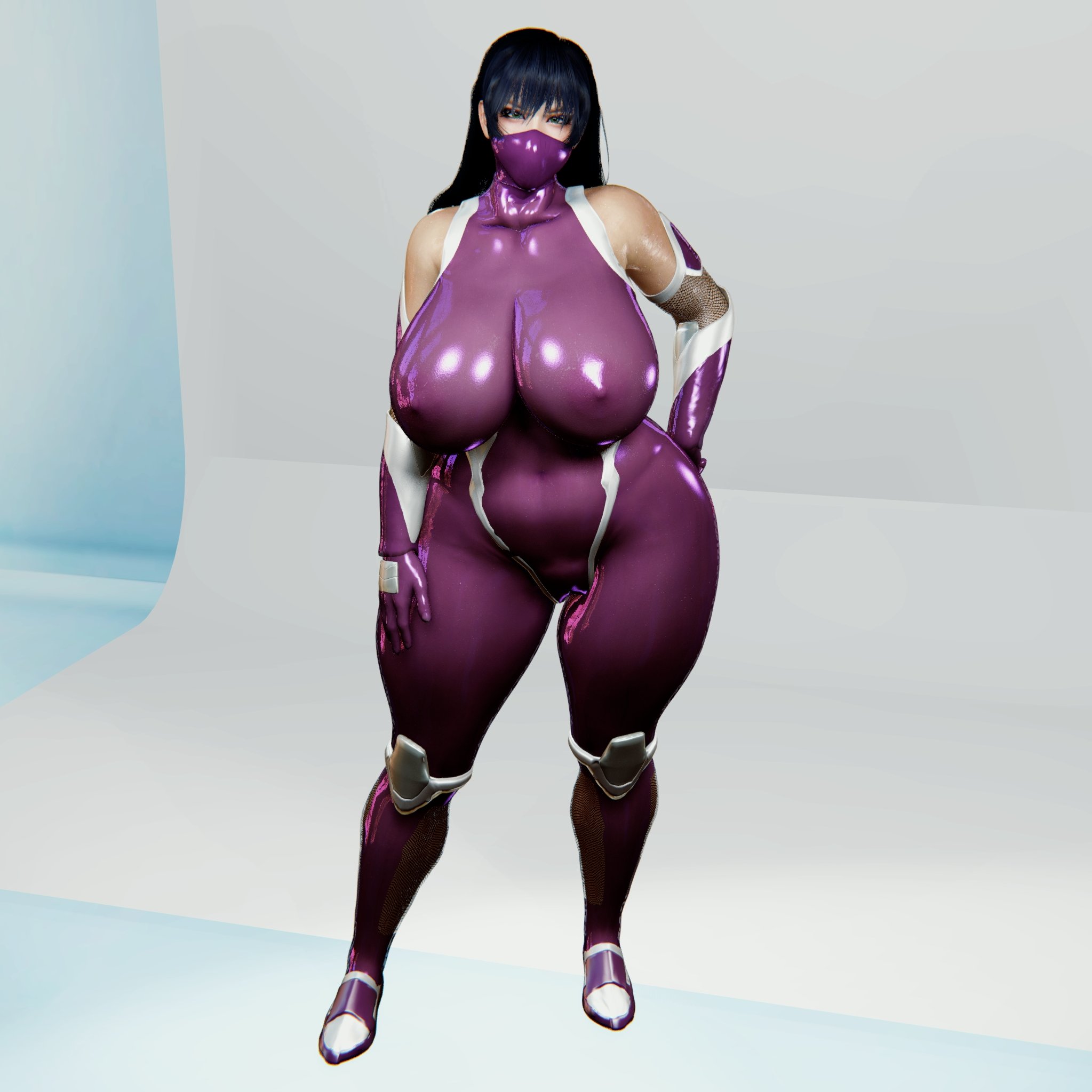 3d, 3d (artwork), big breasts, big hips, bodysuit, breasts, female, hips, huge breasts, huge hips, igawa asagi, large breasts, large hips, purple bodysuit, taimanin (series), taimanin asagi, thethiccart, tight bodysuit, tight clothing, voluptuous, voluptuous female, wide hips