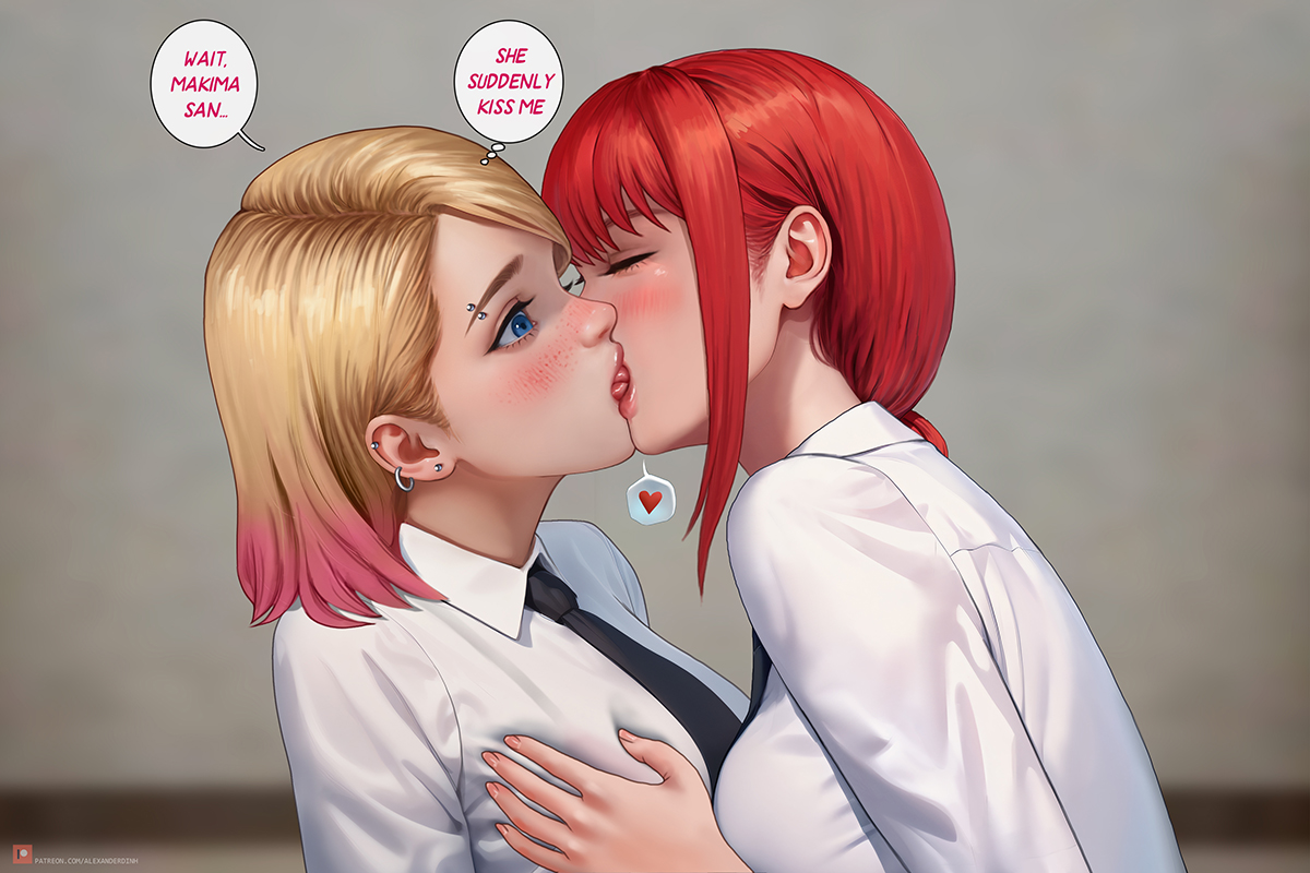 2girls, adult and teenager, age difference, alexander dinh, aroused, assertive, assertive female, blush, breast grab, breasts, chainsaw man, closed eyes, crossover, eastern and western character, english text, excited, eyebrow piercing, female, french kiss, french kissing, girls kissing, groping, gwen stacy, kissing, light skin, light-skinned female, makima (chainsaw man), marvel, marvel comics, mature female, older female, open mouth, passionate, red hair, spider-man, spider-man (series), spider-man: across the spider-verse, spider-man: into the spider-verse, teenage female, teenager, text bubble, tongue, tongue out, younger female, yuri