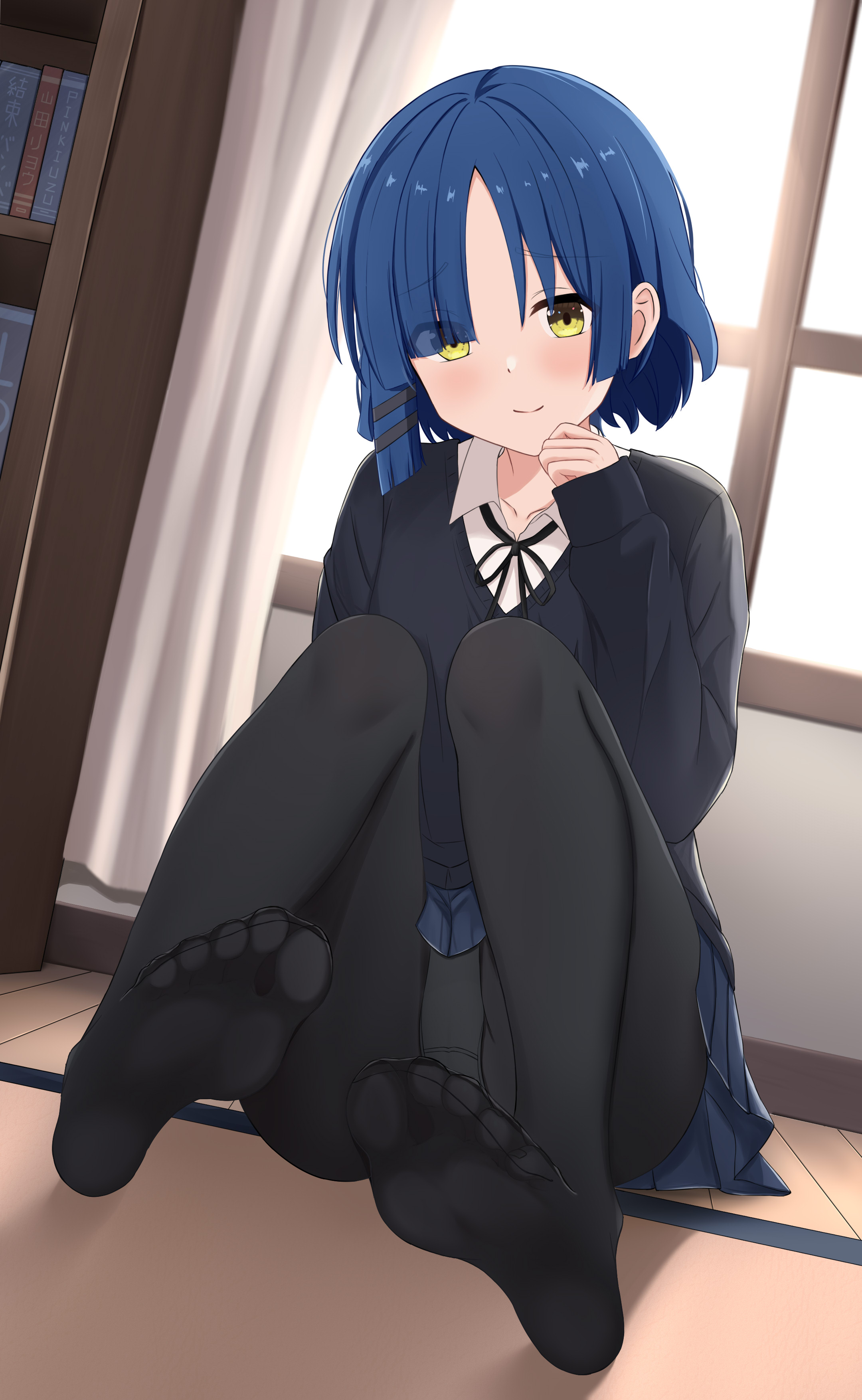 1girls, blue hair, blush, bocchi the rock!, closed mouth, clothed, eyebrows visible through hair, feet, female, female only, foot fetish, foot focus, hair over one eye, hairclip, indoors, looking at viewer, medium hair, no shoes, panties, pantyhose, pinkiuzu, pleated skirt, sitting, skirt, smiling at viewer, solo, yamada ryou, yellow eyes