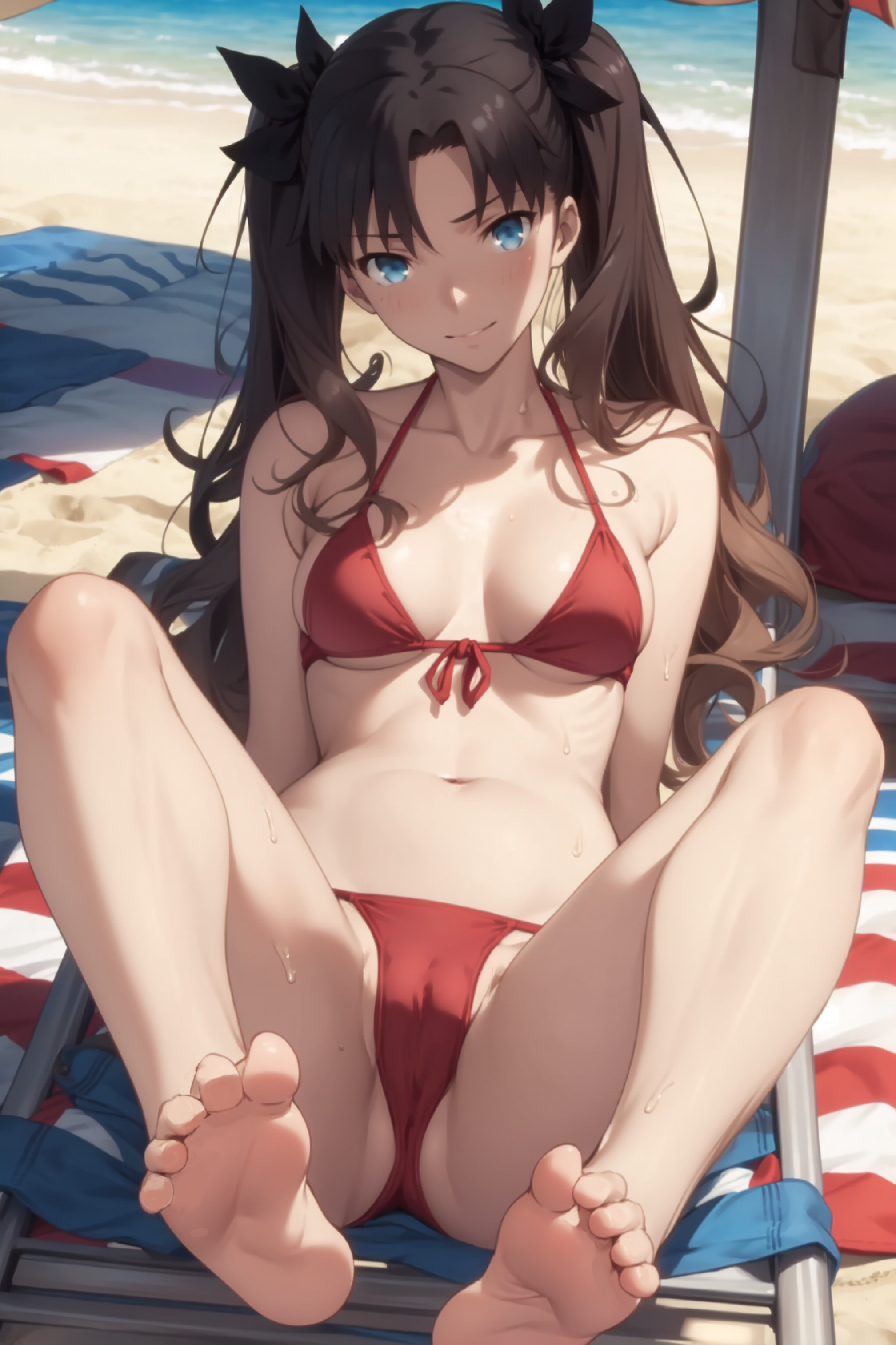 1girls, ai generated, barefoot, bikini, blue eyes, breasts, cameltoe, fate (series), fate/stay night, feet, female, long hair, pussy, red bikini, red swimsuit, small breasts, smile, soles, stable diffusion, summer, swimsuit, tohsaka rin, twintails