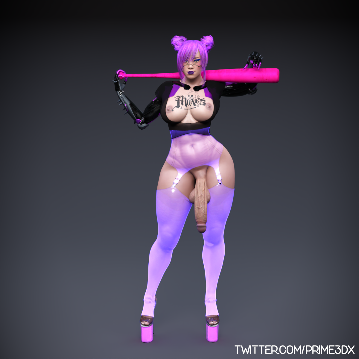 1futa, 3d, baseball bat, casual, clothing, cyberpunk 2077, flaccid, futa only, futanari, high heels, huge cock, human, intersex, pale skin, penis, platform footwear, platform heels, prime3dx, rita wheeler, solo, solo futa, weapon