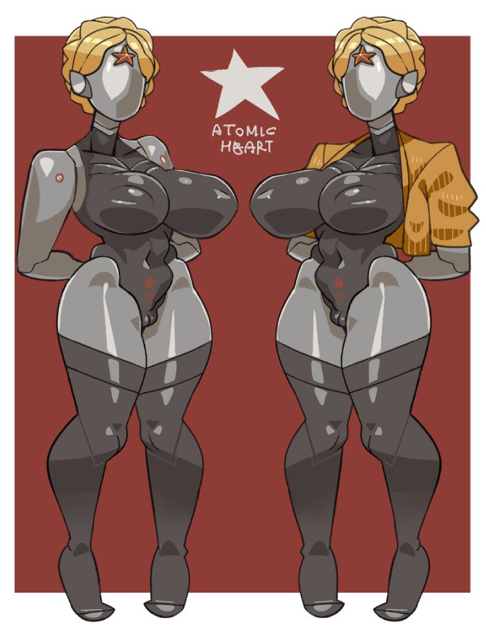 android, atomic heart, blonde hair, faceless character, faceless female, female, left (atomic heart), no face, right (atomic heart), robot, robot girl, robot humanoid, stockings, tagme, the twins (atomic heart)