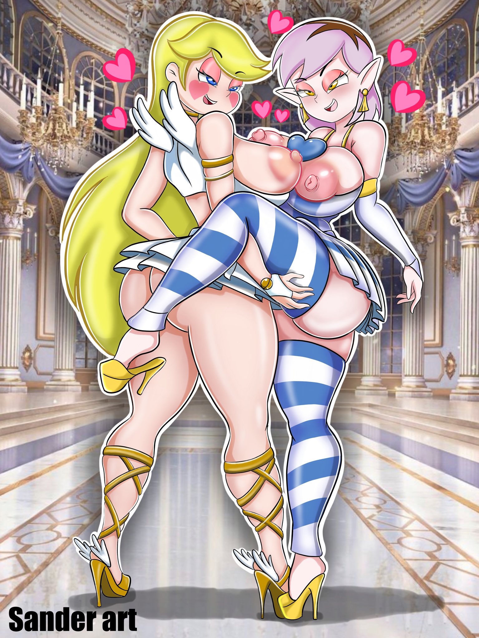 2girls, alternate breast size, amity blight, ass, big breasts, blonde hair, breasts, cosplay, crossover, crossover cosplay, disney, disney channel, disney xd, female, female only, high heels, huge breasts, large breasts, long hair, multiple females, multiple girls, nipples, panty & stocking with garterbelt, panty anarchy (cosplay), purple hair, sander art, star butterfly, star vs the forces of evil, stocking anarchy (cosplay), striped legwear, the owl house, wings