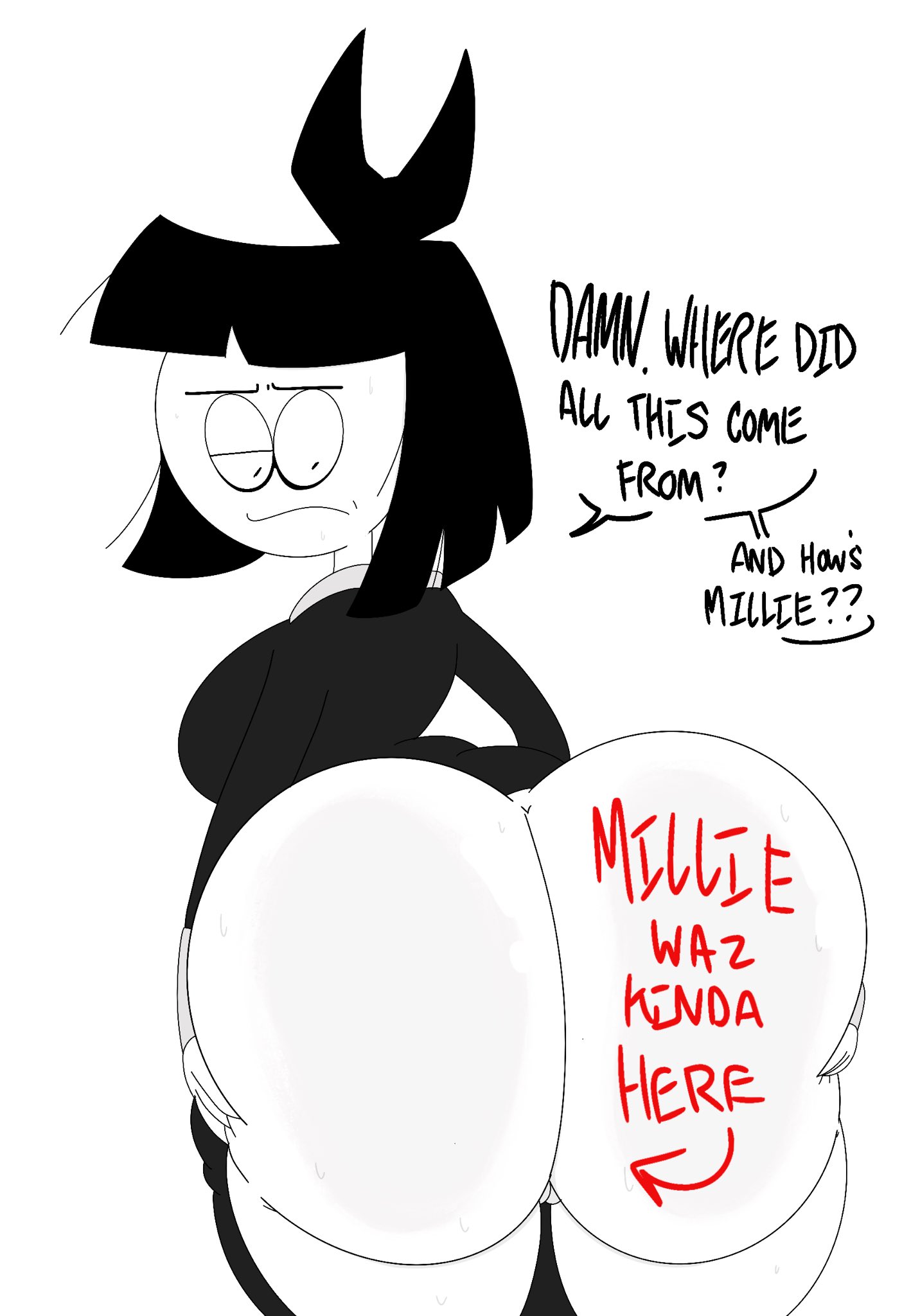 1girls, 2023, alternate ass size, ass, ass focus, ass grab, big ass, big butt, black hair, bodywriting, bottom heavy, breasts, clothed, clothed female, creepy susie, dialogue, english text, fat ass, female, female only, goth, goth girl, grabbing own ass, huge ass, large ass, light skin, light-skinned female, pale skin, pale-skinned female, solo, solo female, standing, text, the oblongs, theslashfive
