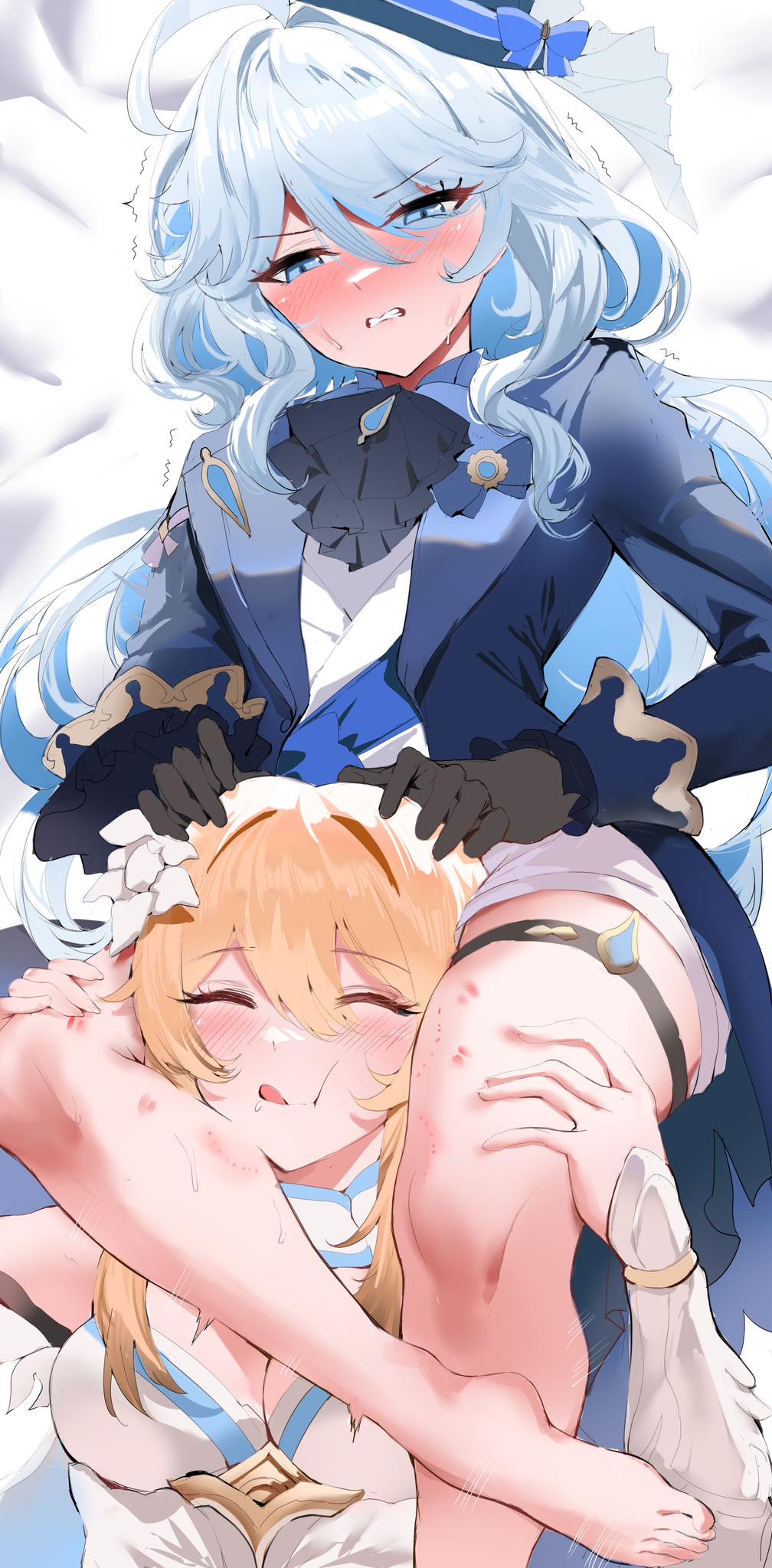 2girls, between legs, between thighs, bite mark, bite marks, blush, carrying, closed eyes, female, female only, furina (genshin impact), genshin impact, happy, hickey, lesbian focus, lumine (genshin impact), sandwiched, shiben (ugvu5784), smile, sweat, thighs, white hair