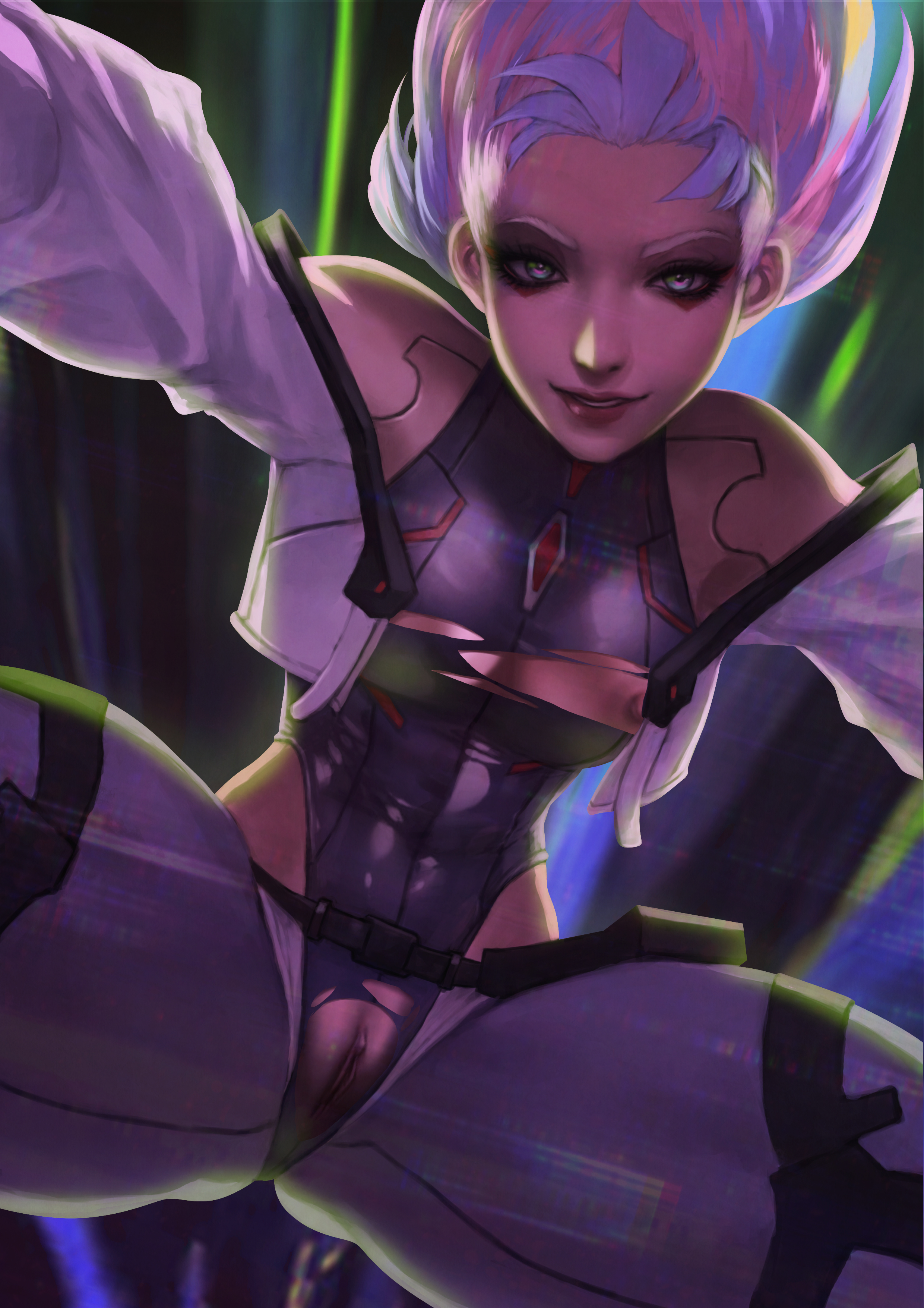 asian, asian female, breasts, cd projekt red, cyberpunk 2077, cyberpunk: edgerunners, exposed breasts, exposed pussy, female, functionally nude, high resolution, lucyna kushinada, male, male pov, monorirogue, multicolored hair, pov, punk girl, pussy, studio trigger, torn clothes