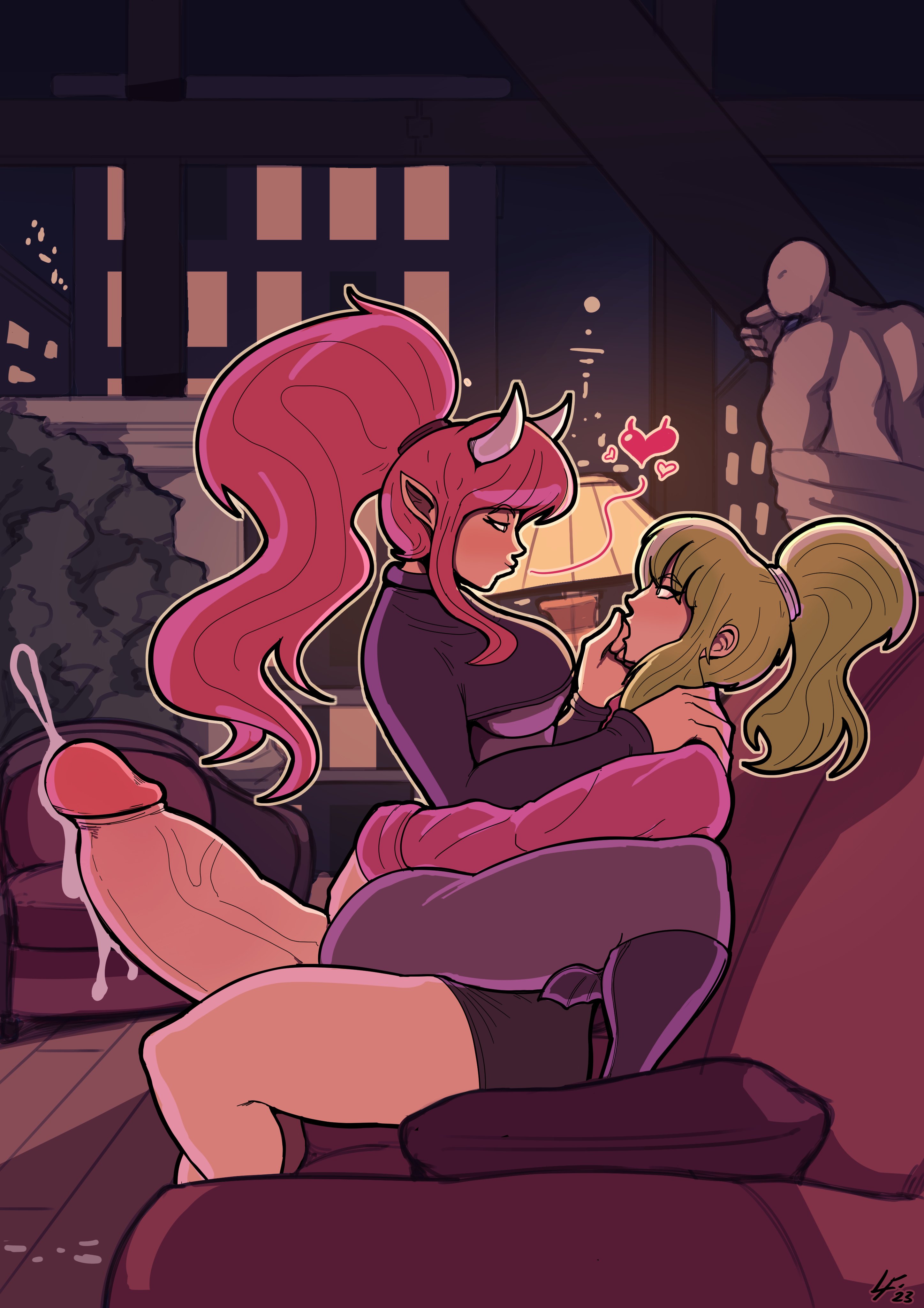 1futa, 1girls, big cock, big penis, blonde female, blonde hair, breasts, clothed, clothing, couch, detailed background, dickgirl, duo, erection, female, fully clothed, futa on female, futanari, gigantic penis, huge cock, human, humanoid, intersex, large penis, light skin, light-skinned female, light-skinned futa, long hair, lucy fuchs, massive cock, massive penis, mostly clothed, penis, pink hair, precum, side view, sitting