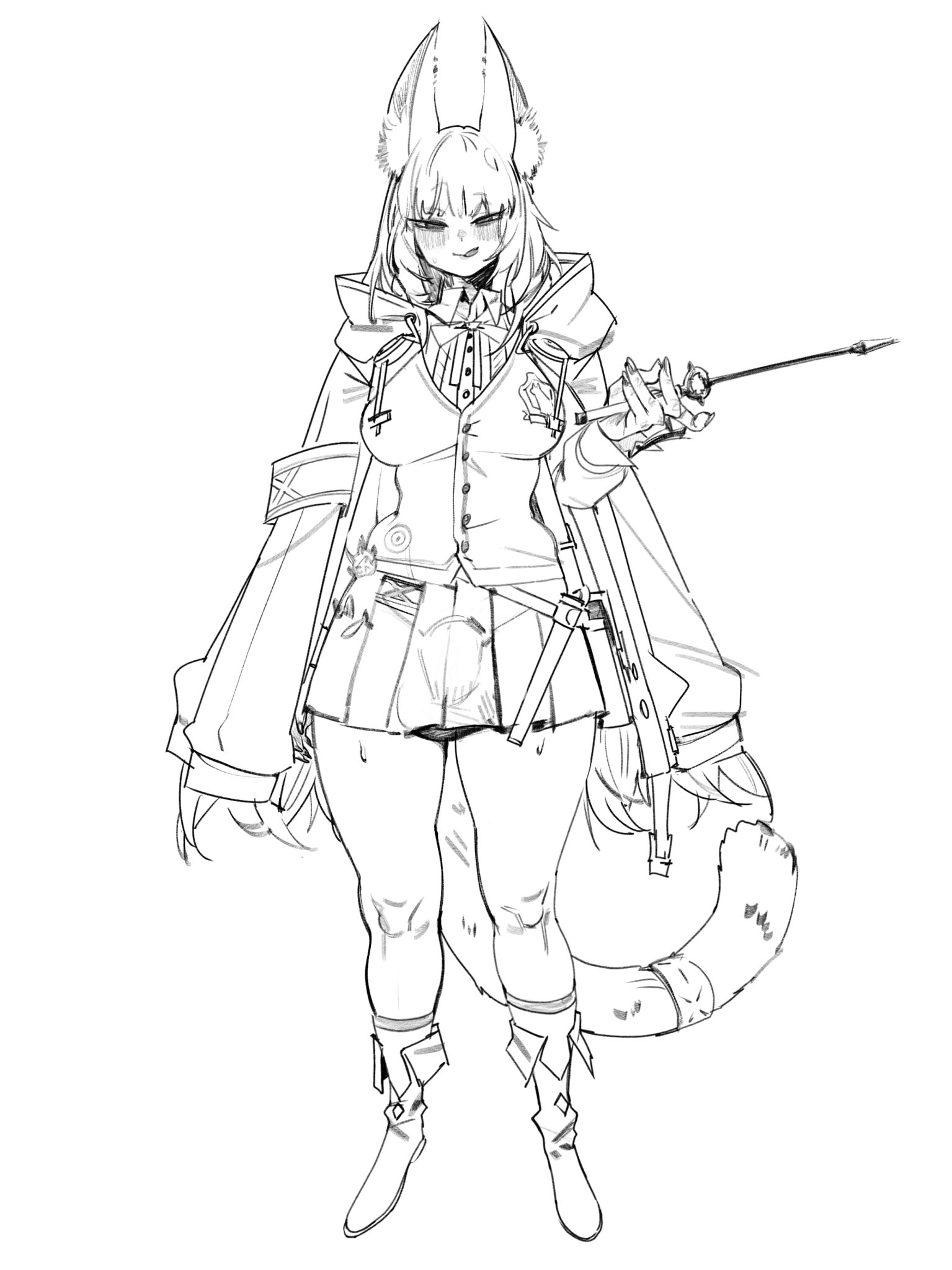 1futa, alternate version available, animal ears, arknights, balls, big breasts, big penis, breasts, cat girl, cat tail, catgirl, clothed, clothing, female, flaccid, full body, fully clothed, futa only, futanari, harmonie (arknights), hitobashira (1746164306), humanoid, intersex, jacket, kemonomimi, licking lips, monochrome, penis, sketch, skirt, solo, standing, victim alice
