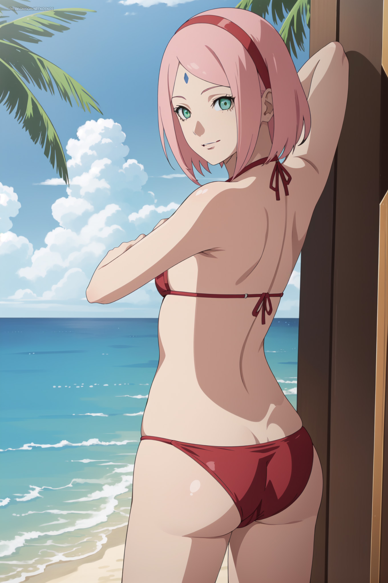 1girls, ai generated, ass, back view, beach, bikini, boruto: naruto next generations, breasts, female, female focus, from behind, haruno sakura, koikoi, long hair, looking at viewer, looking back, looking back at viewer, mature, mature female, milf, nai diffusion, naruto, naruto (series), outdoors, paipan, petite, pink hair, rear view, sakura haruno, shiny, shiny skin, solo, solo focus, stable diffusion, swimsuit