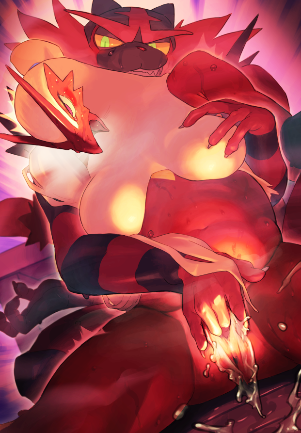 anthro biped blaziken bodily_fluids duo eye_roll female female_blaziken finger_fuck fingering fur generation_3_pokemon generation_7_pokemon genital_fluids genitals green_eyes gyu_hydrogen incineroar looking_pleasured male male/female nintendo open_mouth pokemon pokemon_(species) pussy pussy_juice red_body red_fur smile sweat tan_body tan_fur vaginal_penetration yellow_sclera