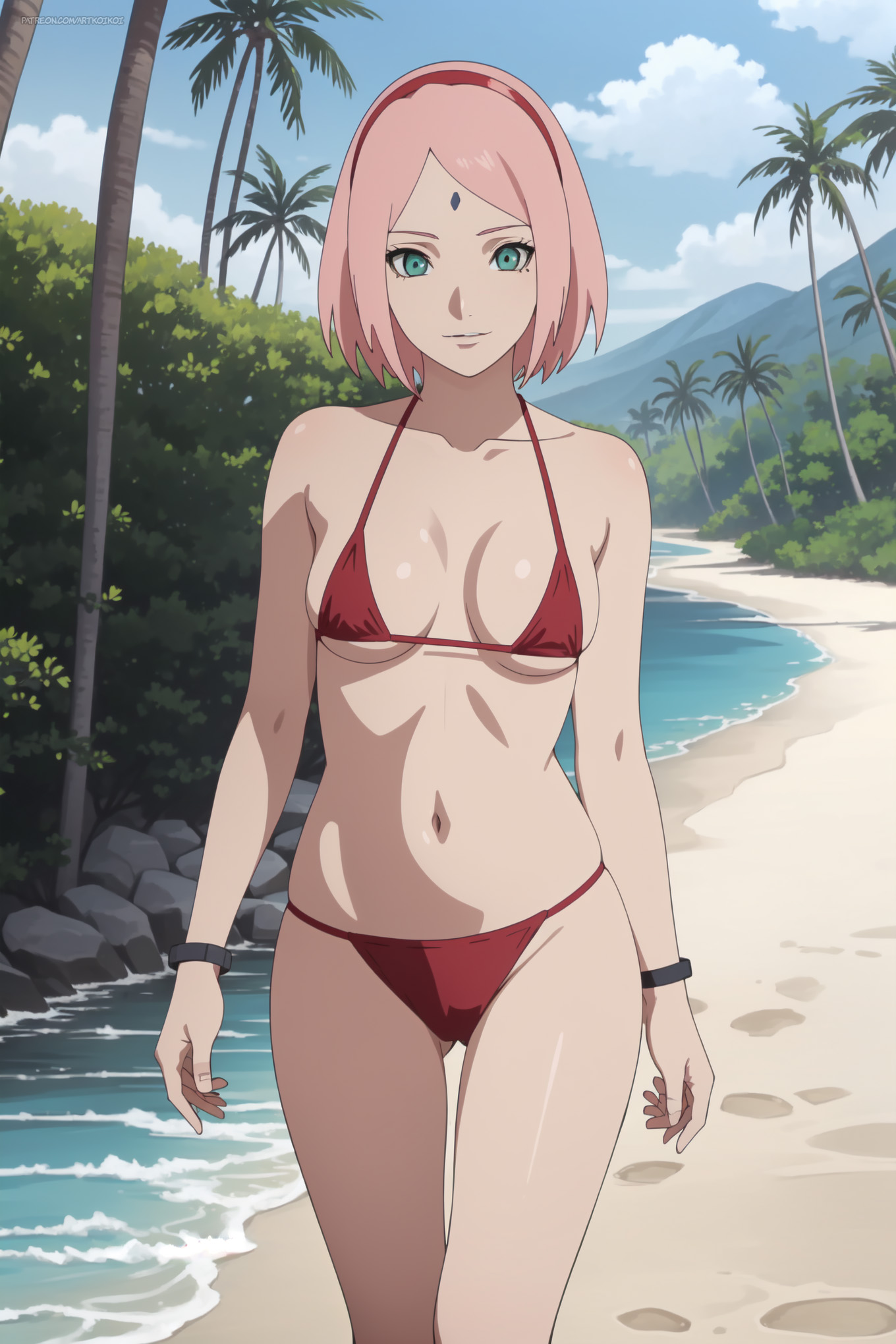 1girls, ai generated, beach, bikini, bikini bottom, bikini top, boruto: naruto next generations, bracelet, breasts, facing viewer, female, female focus, front view, haruno sakura, koikoi, long hair, mature, mature female, midriff, milf, nai diffusion, naruto, naruto (series), outdoors, paipan, petite, pink hair, sakura haruno, shiny, shiny skin, smile, solo, stable diffusion, swimsuit, walking, walking towards viewer